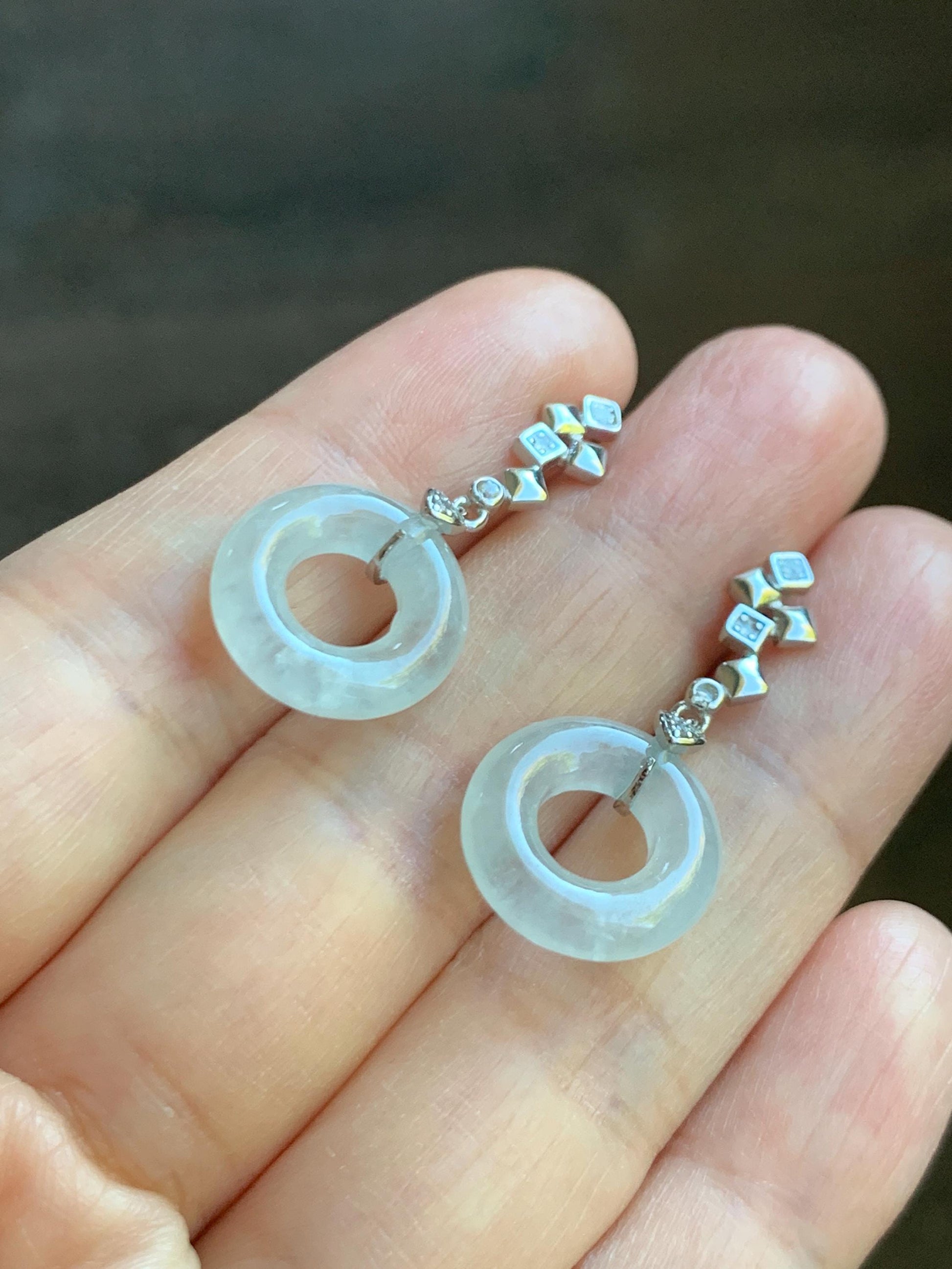 Natural Grade A Icy Translucent White Jade Jadeite Ping An Kou Donut Dangle Earrings Sterling Silver 天然白冰翡翠平安扣耳钩 MBK140C