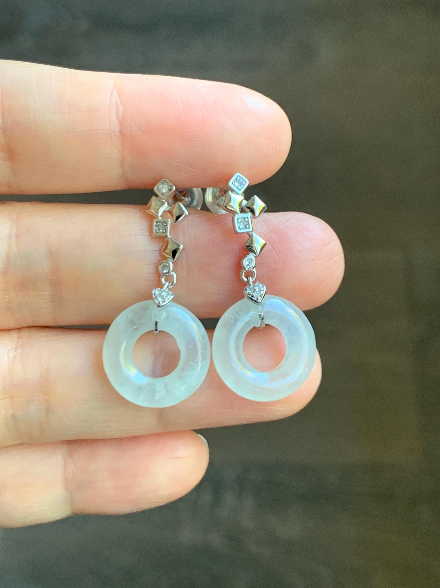 Natural Grade A Icy Translucent White Jade Jadeite Ping An Kou Donut Dangle Earrings Sterling Silver 天然白冰翡翠平安扣耳钩 MBK140C
