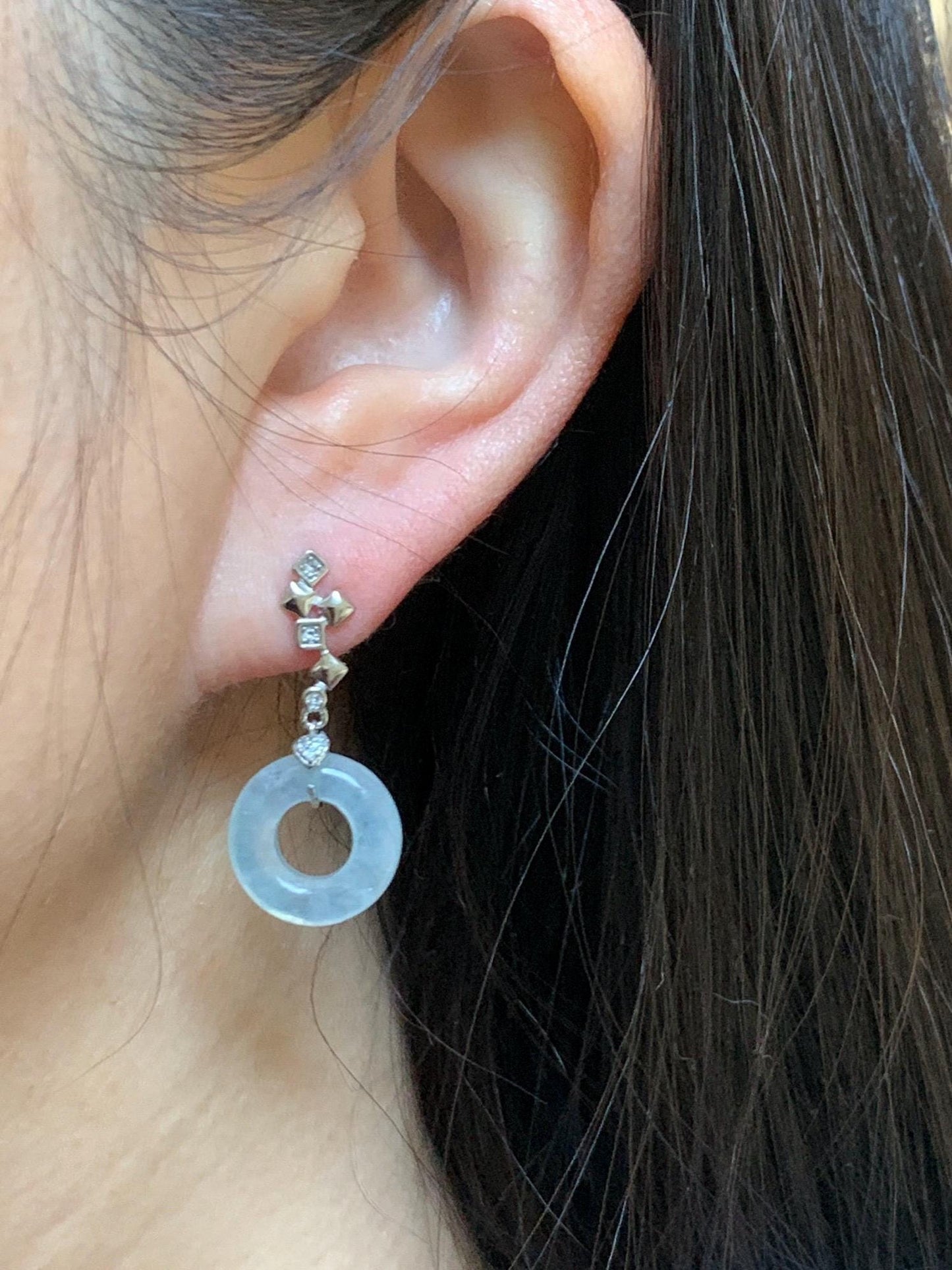 Natural Grade A Icy Translucent White Jade Jadeite Ping An Kou Donut Dangle Earrings Sterling Silver 天然白冰翡翠平安扣耳钩 MBK140C