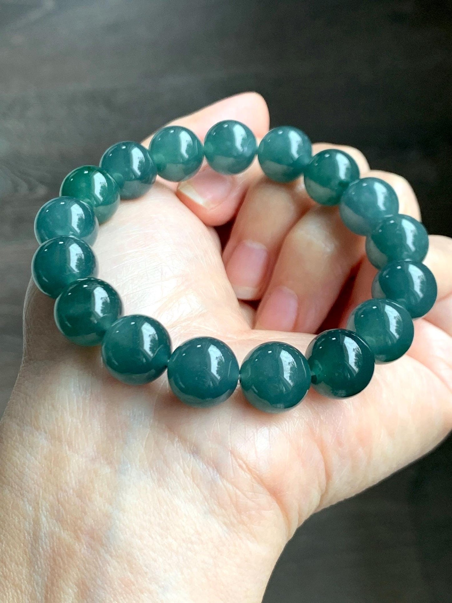 Natural Grade A Guatemalan Icy Translucent Dark Teal Green Jade Jadeite Large Beads Beaded Bracelet 11.9mm 7.5” 49g 天然冰危深蓝绿翡翠圆珠手串 SWL498A