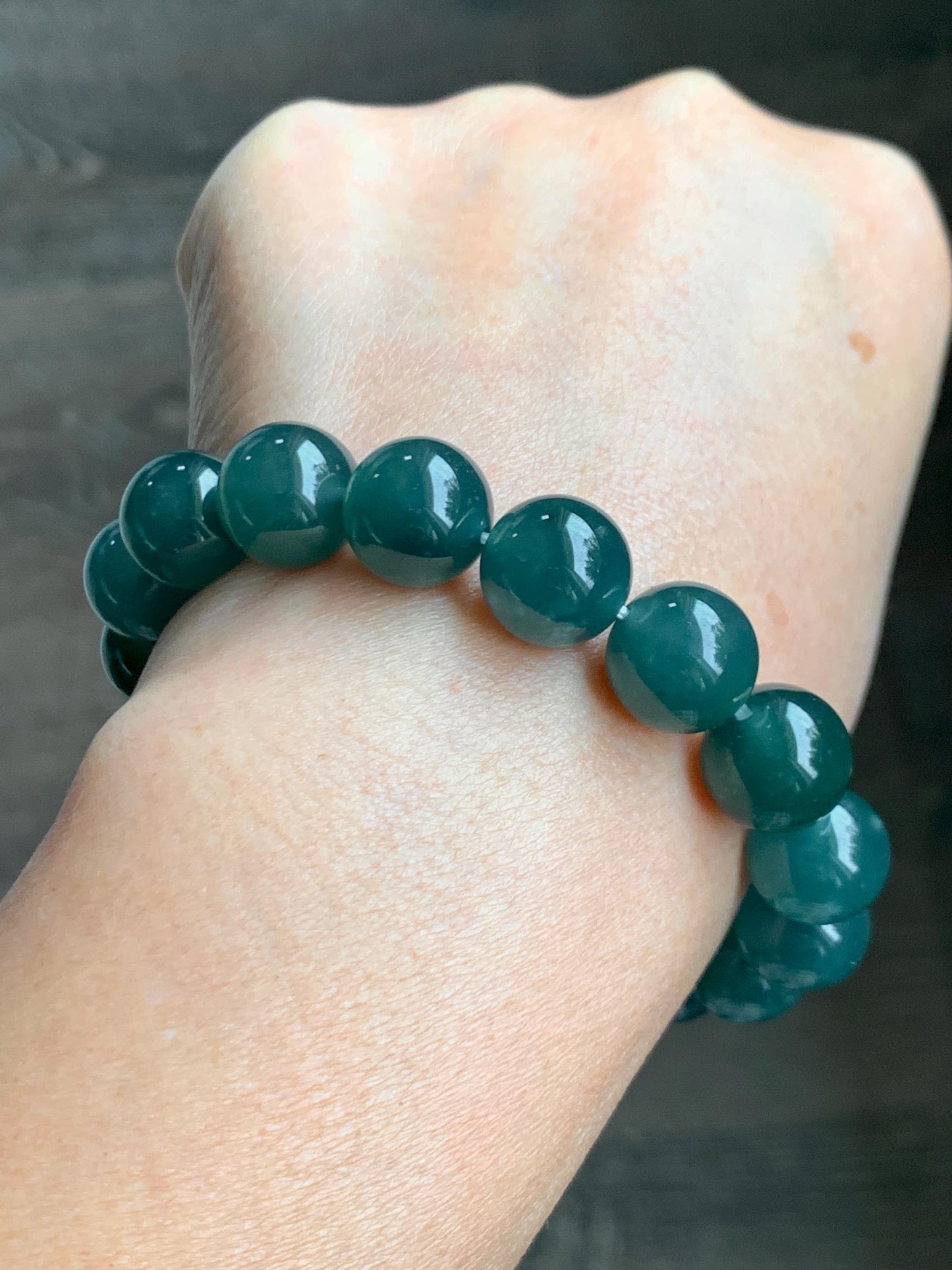 Natural Grade A Guatemalan Icy Translucent Dark Teal Green Jade Jadeite Large Beads Beaded Bracelet 11.9mm 7.5” 49g 天然冰危深蓝绿翡翠圆珠手串 SWL498A