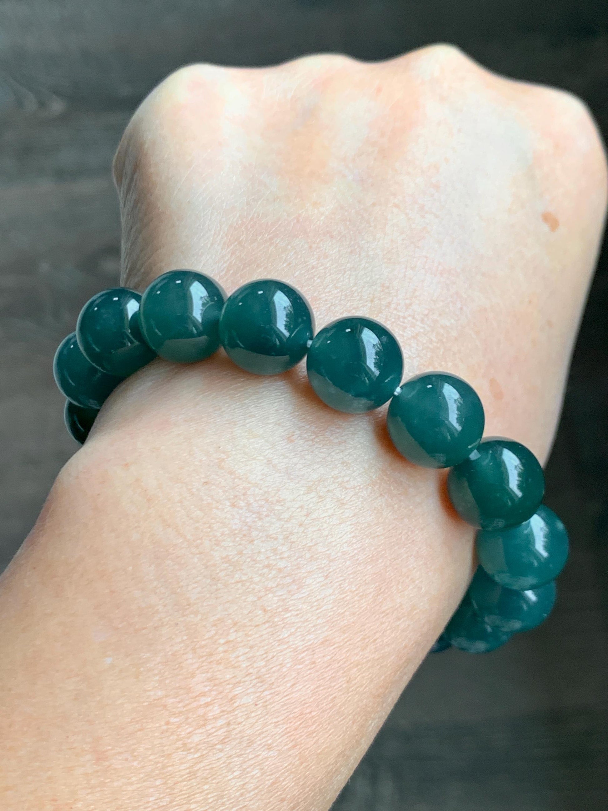 Natural Grade A Guatemalan Icy Translucent Dark Teal Green Jade Jadeite Large Beads Beaded Bracelet 11.9mm 7.5” 49g 天然冰危深蓝绿翡翠圆珠手串 SWL498A