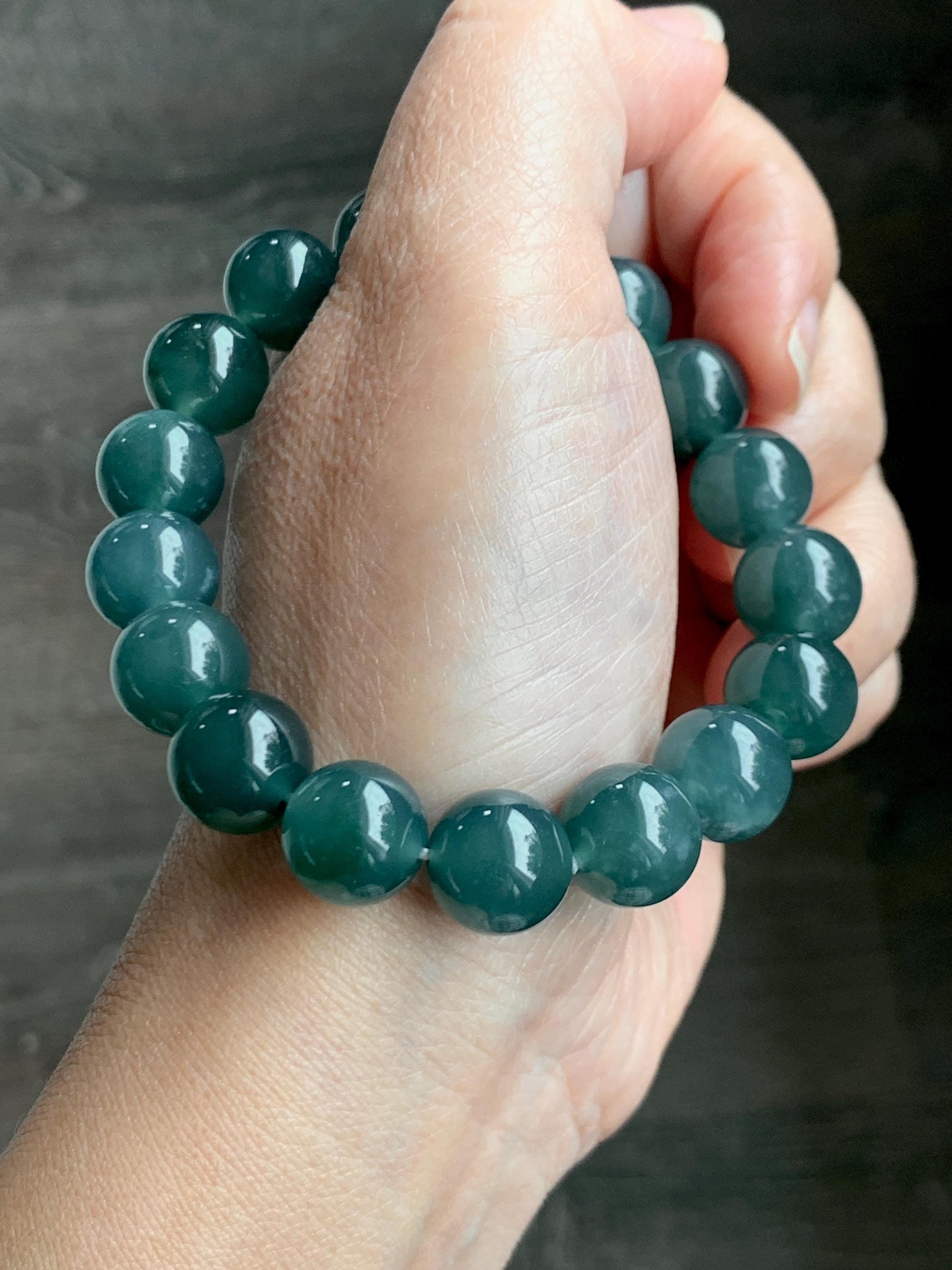 Natural Grade A Guatemalan Icy Translucent Dark Teal Green Jade Jadeite Large Beads Beaded Bracelet 11.9mm 7.5” 49g 天然冰危深蓝绿翡翠圆珠手串 SWL498A