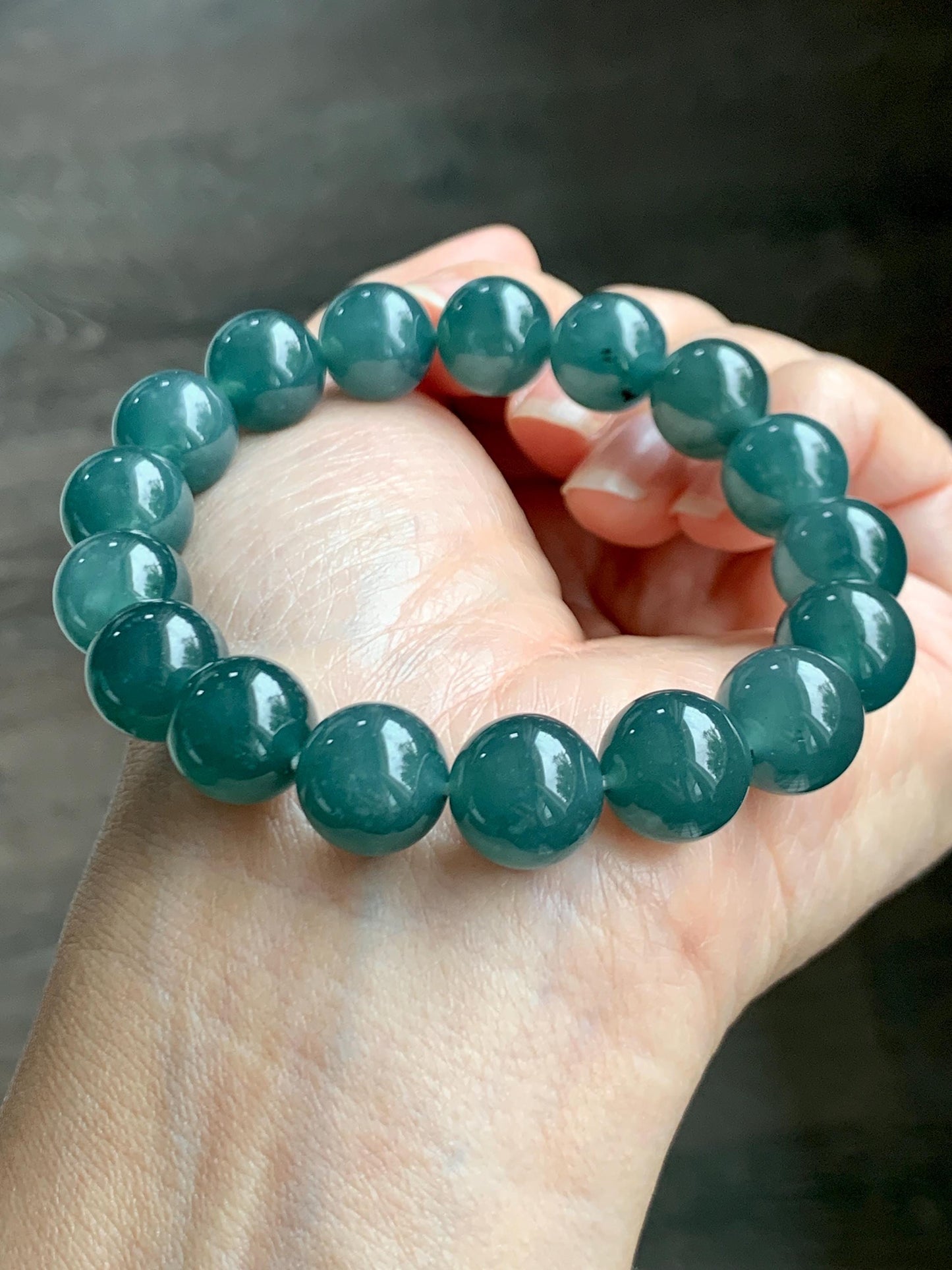 Natural Grade A Guatemalan Icy Translucent Dark Teal Green Jade Jadeite Large Beads Beaded Bracelet 11.9mm 7.5” 49g 天然冰危深蓝绿翡翠圆珠手串 SWL498B