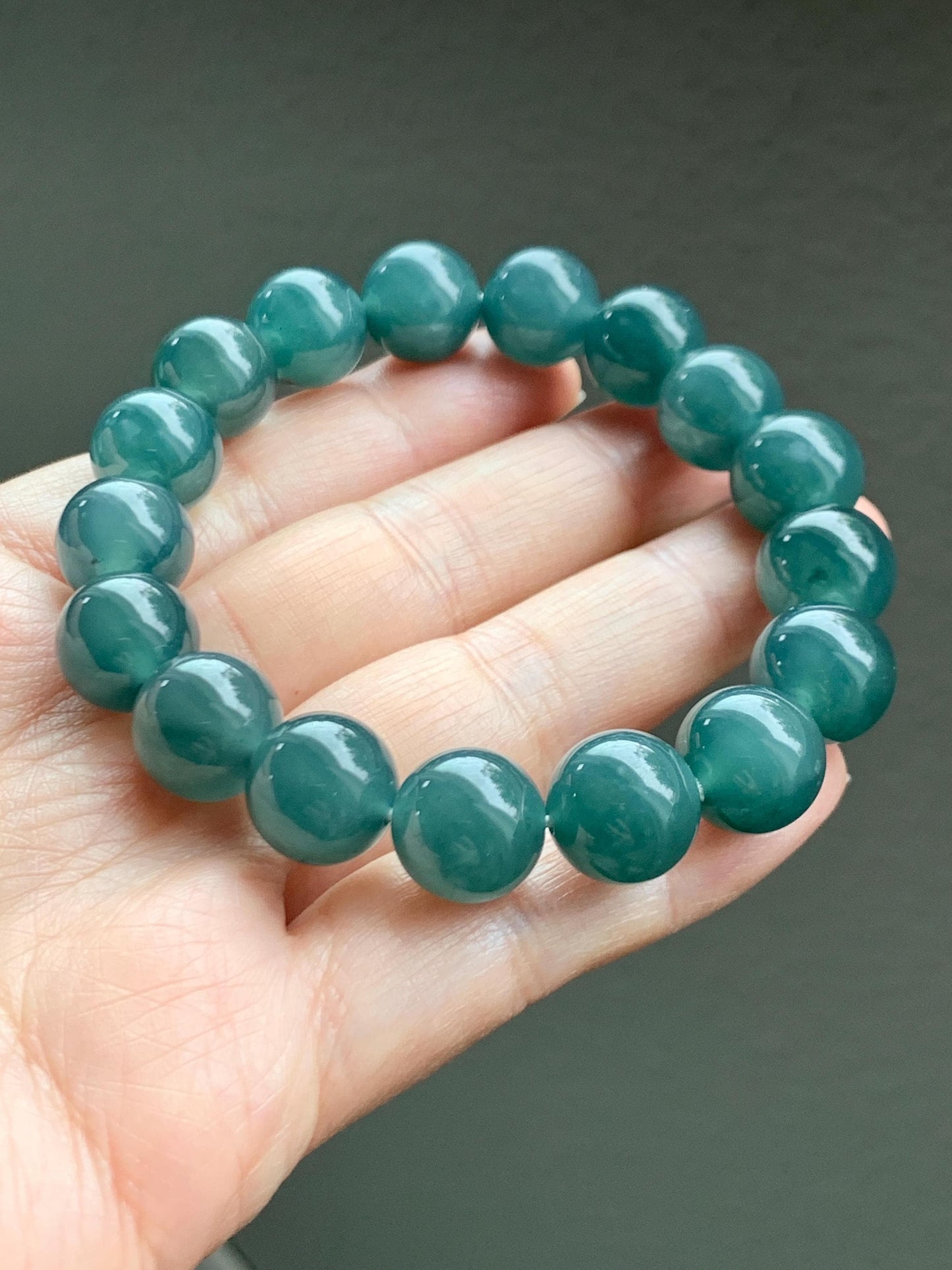 Natural Grade A Guatemalan Icy Translucent Dark Teal Green Jade Jadeite Large Beads Beaded Bracelet 11.9mm 7.5” 49g 天然冰危深蓝绿翡翠圆珠手串 SWL498B