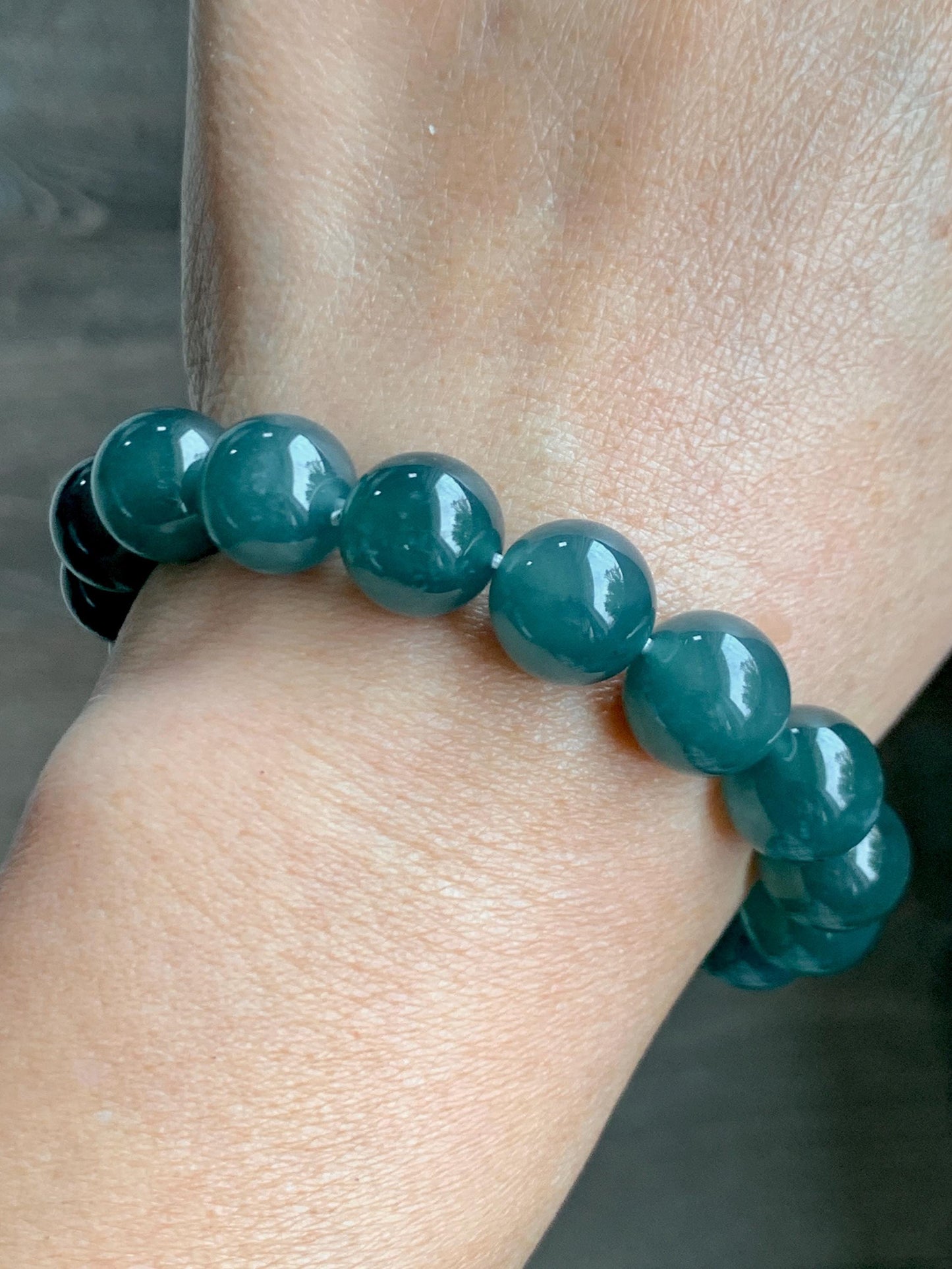 Natural Grade A Guatemalan Icy Translucent Dark Teal Green Jade Jadeite Large Beads Beaded Bracelet 11.9mm 7.5” 49g 天然冰危深蓝绿翡翠圆珠手串 SWL498B