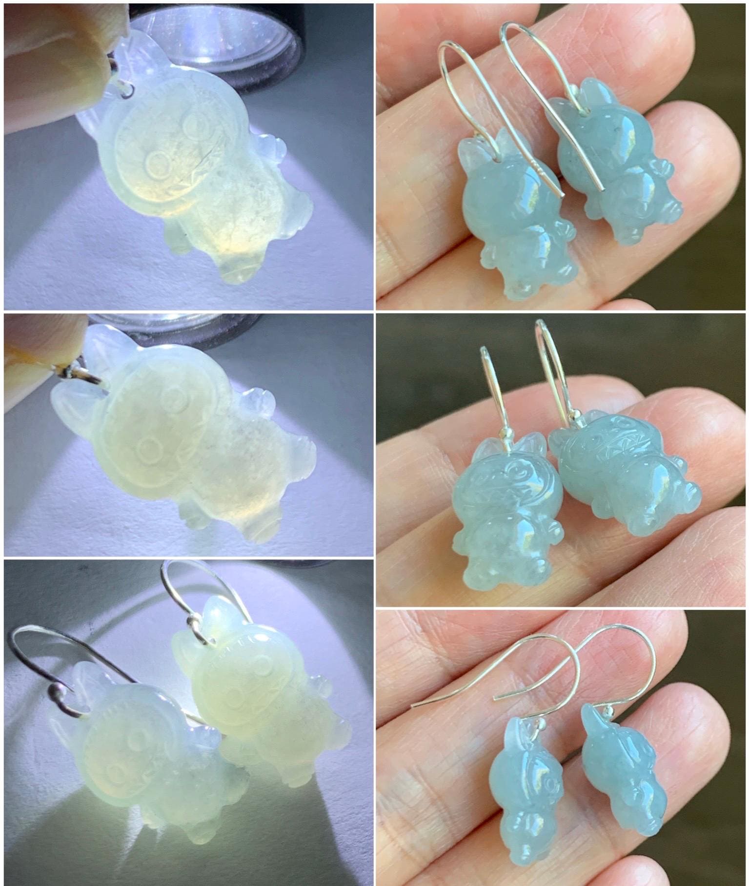 Natural Grade A Icy Translucent Pastel Blue Jade Jadeite Carved Monster Plush Earrings Sterling Silver 天然冰胶浅蓝底翡翠耳钩 ELBB88