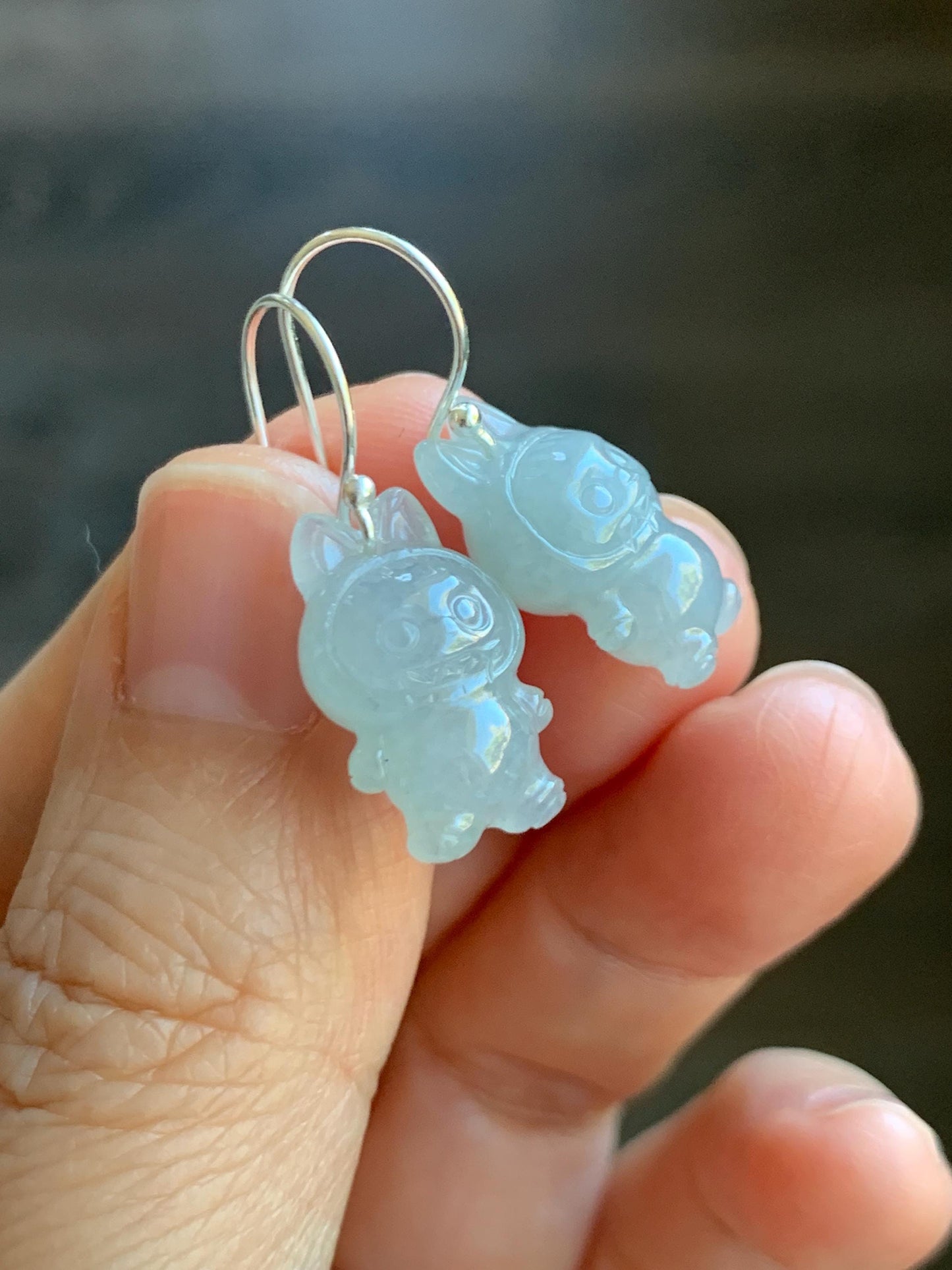 Natural Grade A Icy Translucent Pastel Blue Jade Jadeite Carved Monster Plush Earrings Sterling Silver 天然冰胶浅蓝底翡翠耳钩 ELBB88