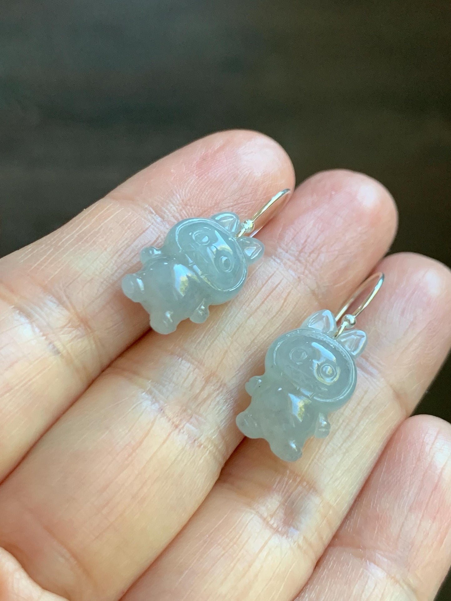 Natural Grade A Icy Translucent Pastel Blue Jade Jadeite Carved Monster Plush Earrings Sterling Silver 天然冰胶浅蓝底翡翠耳钩 ELBB88