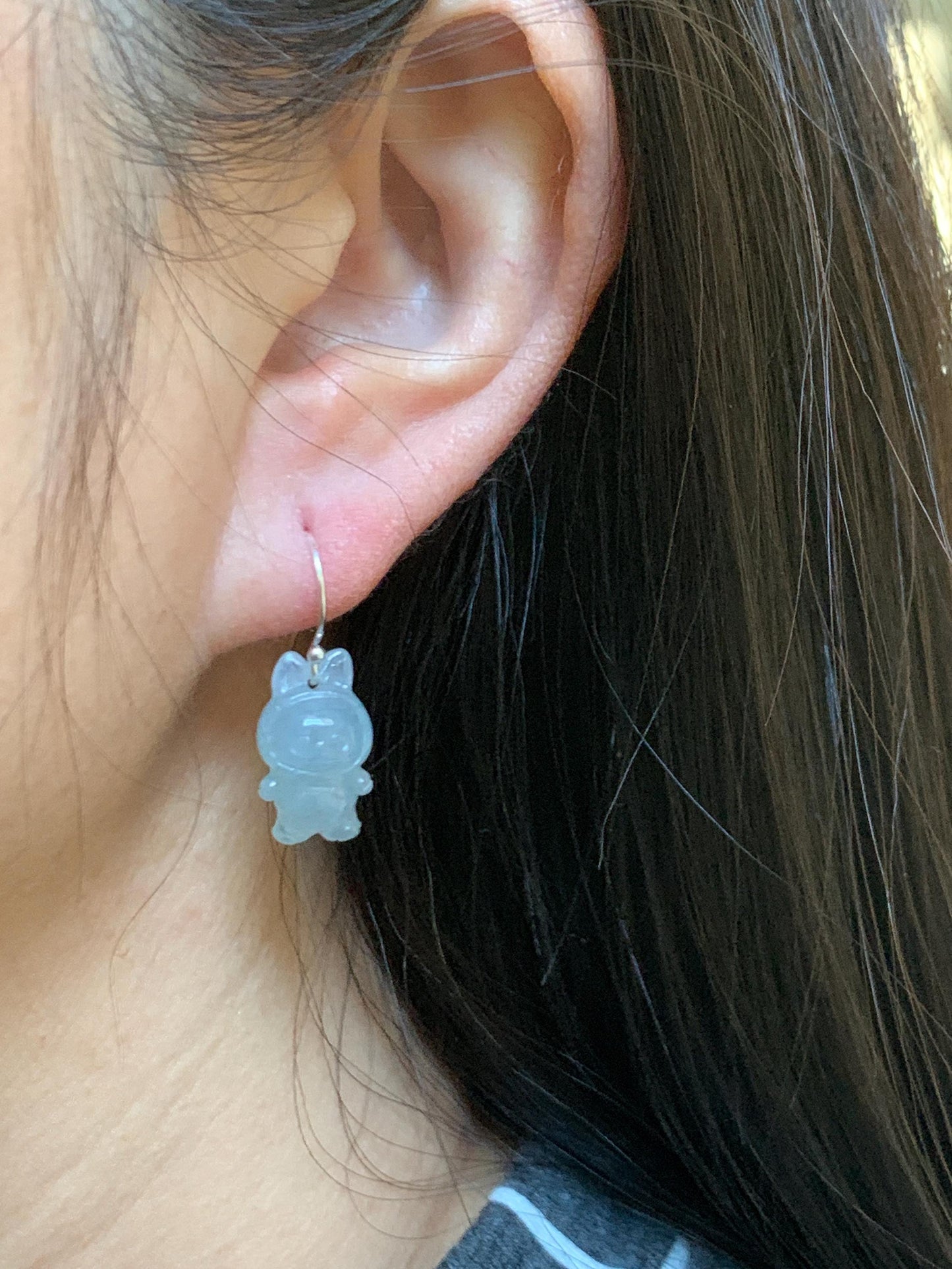 Natural Grade A Icy Translucent Pastel Blue Jade Jadeite Carved Monster Plush Earrings Sterling Silver 天然冰胶浅蓝底翡翠耳钩 ELBB88