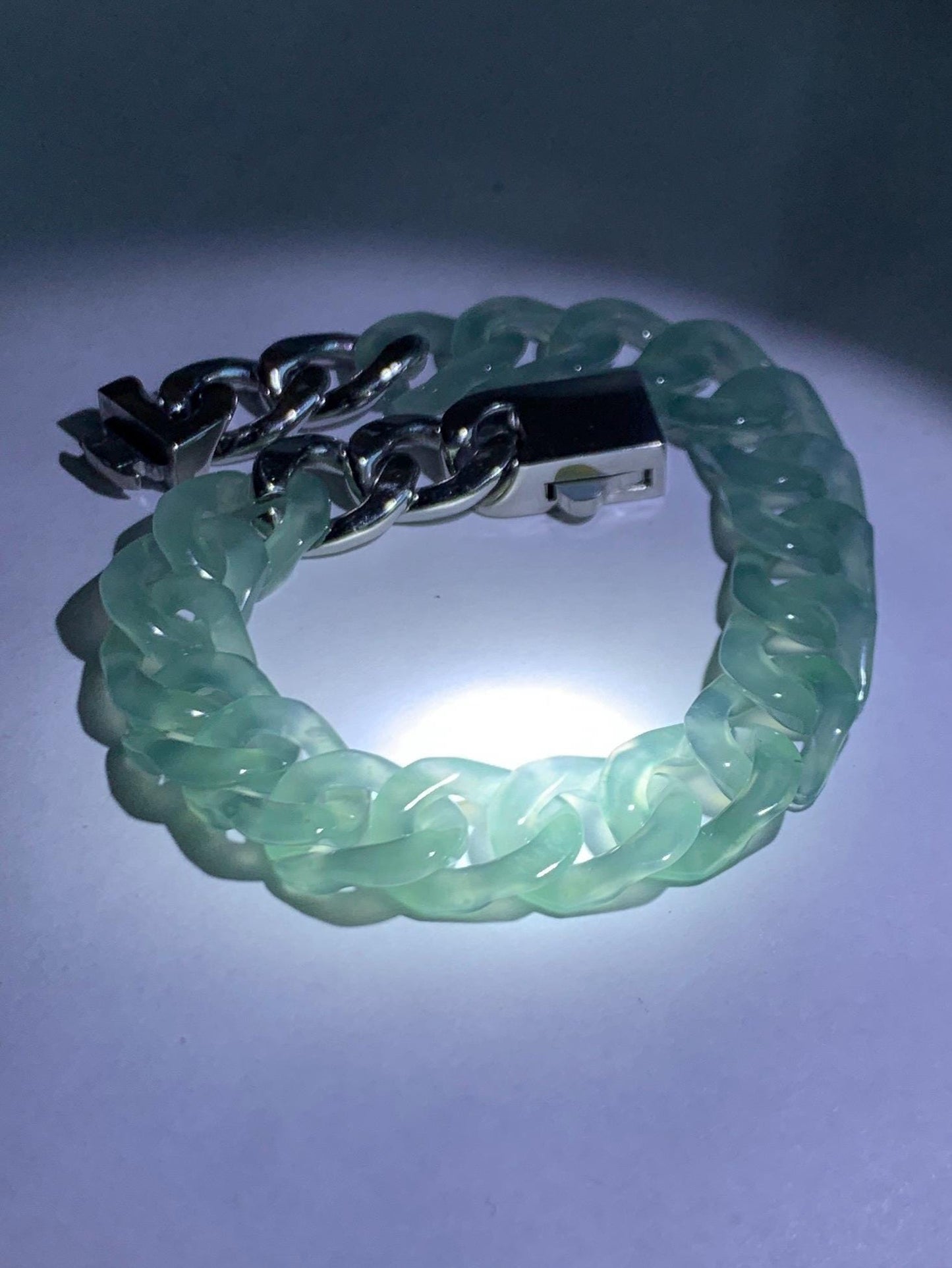 Certified Natural Grade A Guatemalan Icy Translucent Light Teal Jade Jadeite Curb Chain Bracelet Stainless Steel 7” 天然冰胶危浅蓝绿翡翠古巴链手链 735