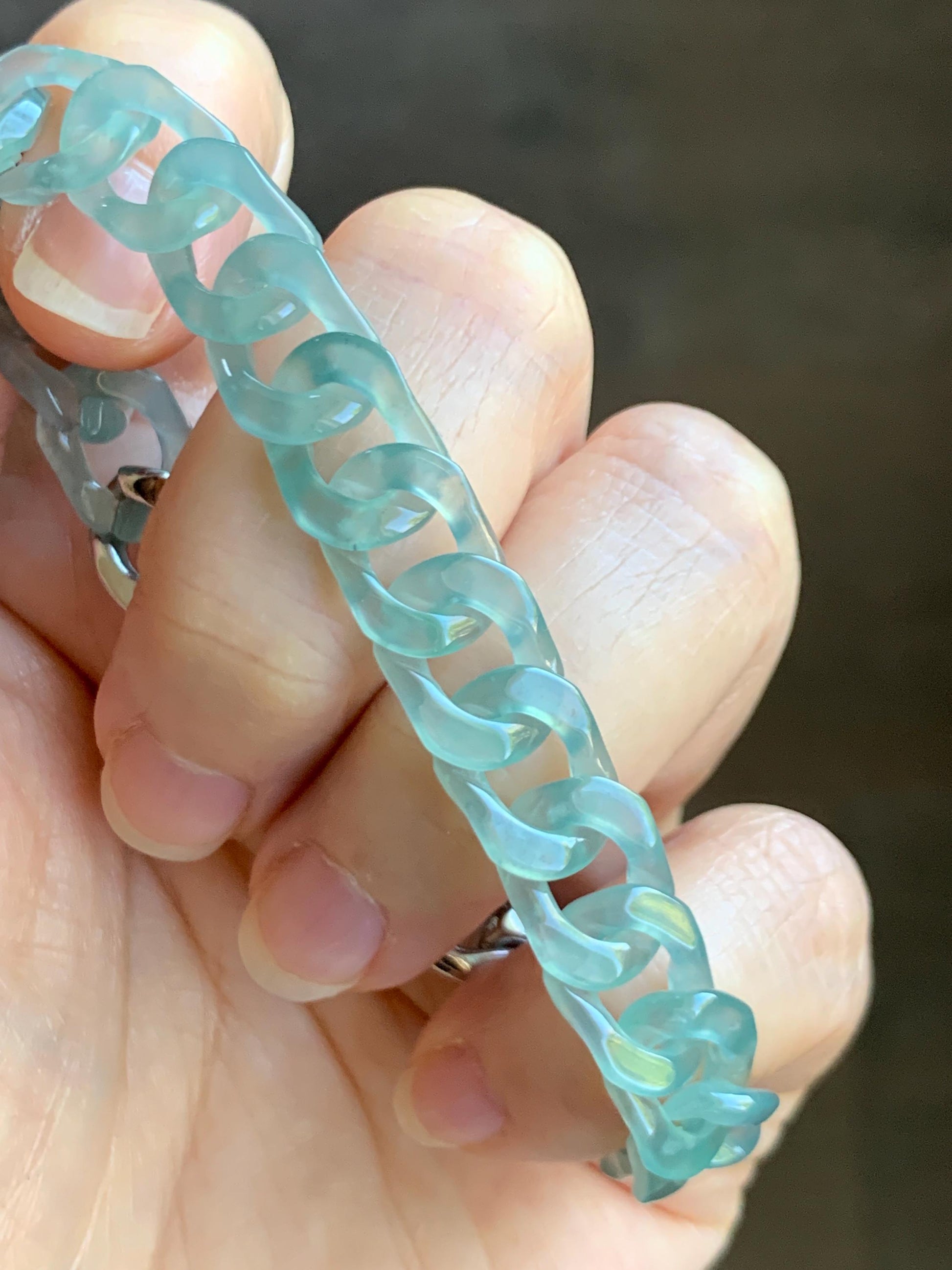 Certified Natural Grade A Guatemalan Icy Translucent Light Teal Jade Jadeite Curb Chain Bracelet Stainless Steel 7” 天然冰胶危浅蓝绿翡翠古巴链手链 735