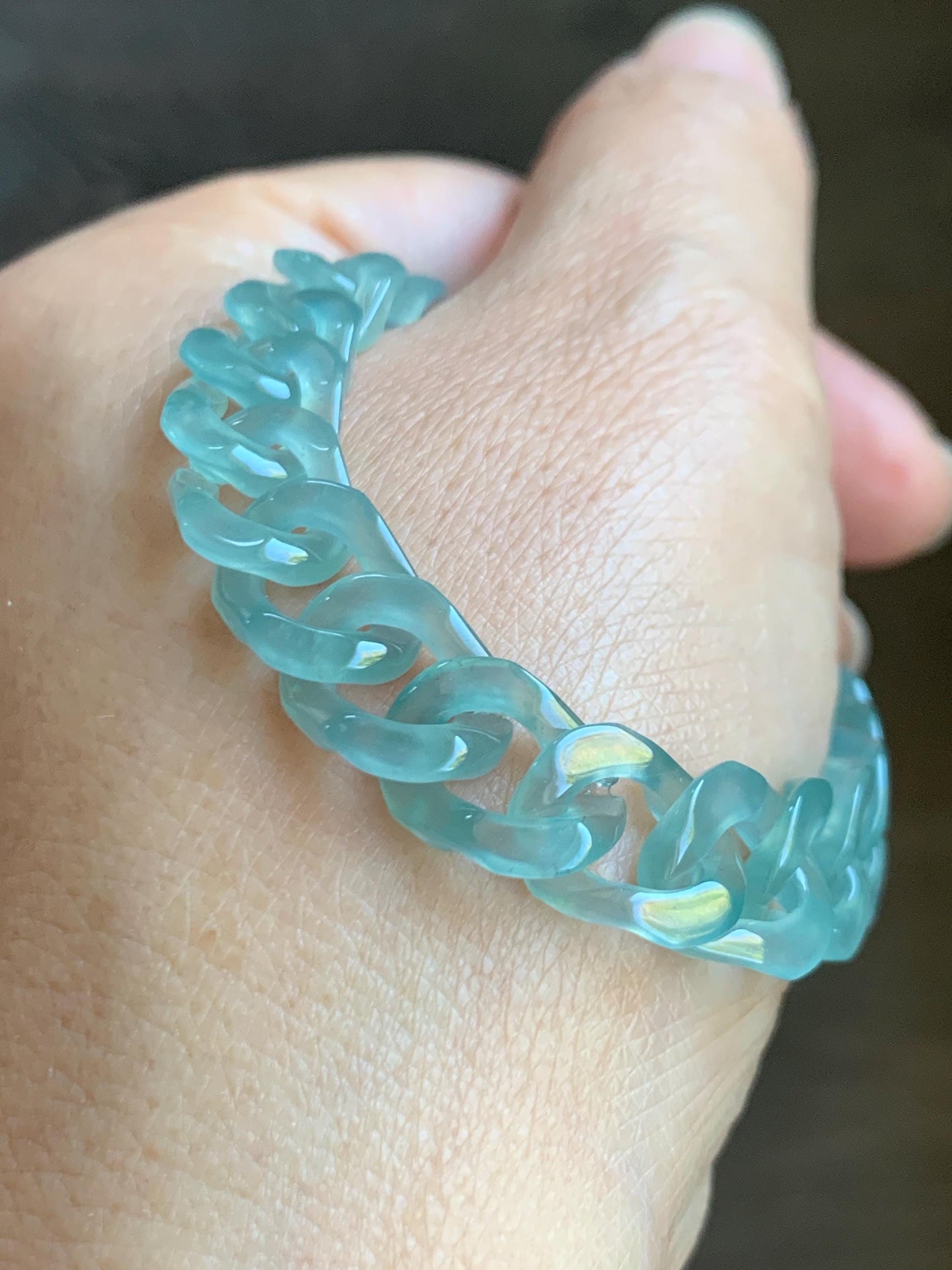 Certified Natural Grade A Guatemalan Icy Translucent Light Teal Jade Jadeite Curb Chain Bracelet Stainless Steel 7” 天然冰胶危浅蓝绿翡翠古巴链手链 735