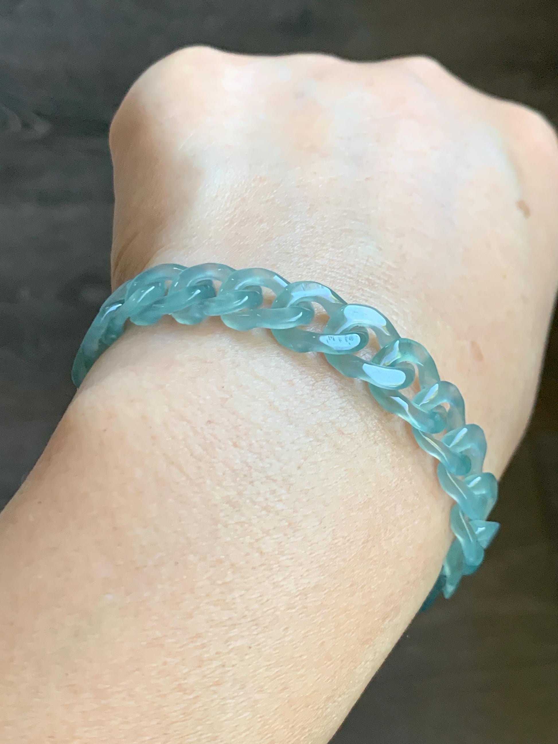 Certified Natural Grade A Guatemalan Icy Translucent Light Teal Jade Jadeite Curb Chain Bracelet Stainless Steel 7” 天然冰胶危浅蓝绿翡翠古巴链手链 735