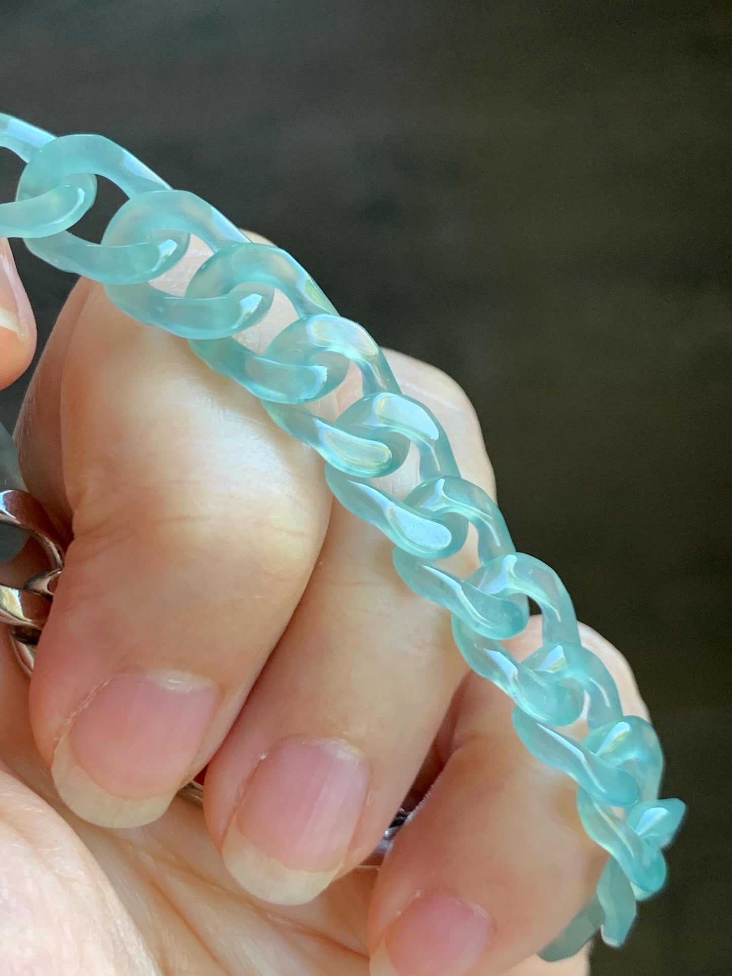 Certified Natural Grade A Guatemalan Icy Translucent Light Teal Jade Jadeite Curb Chain Bracelet Stainless Steel 7” 天然冰胶危浅蓝绿翡翠古巴链手链 735