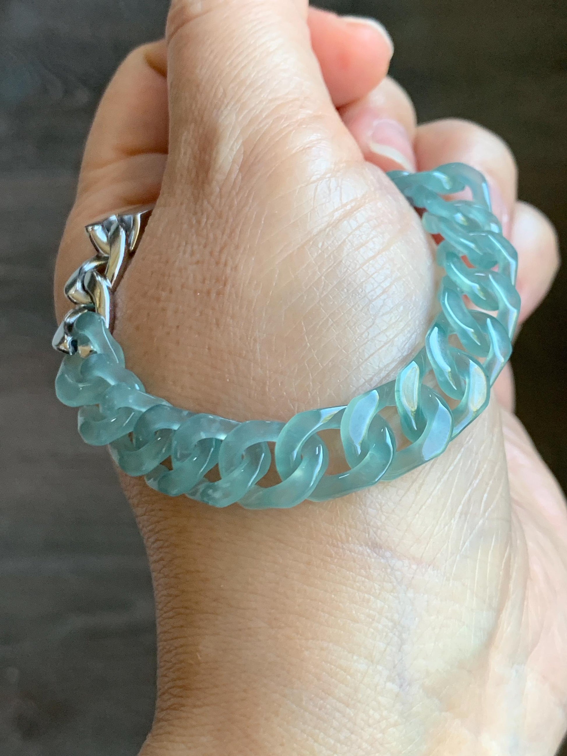 Certified Natural Grade A Guatemalan Icy Translucent Light Teal Jade Jadeite Curb Chain Bracelet Stainless Steel 7” 天然冰胶危浅蓝绿翡翠古巴链手链 735