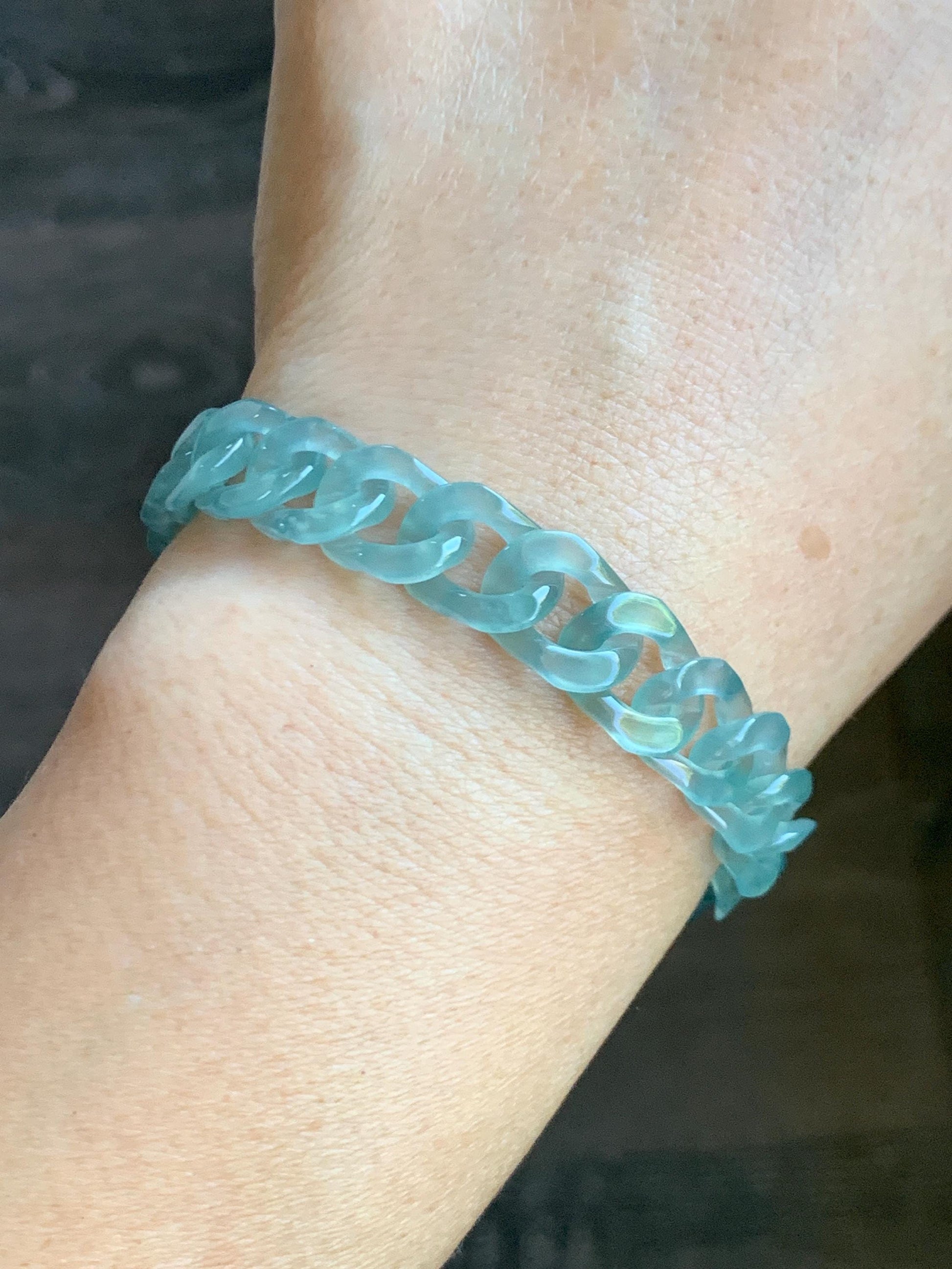 Certified Natural Grade A Guatemalan Icy Translucent Light Teal Jade Jadeite Curb Chain Bracelet Stainless Steel 7” 天然冰胶危浅蓝绿翡翠古巴链手链 735