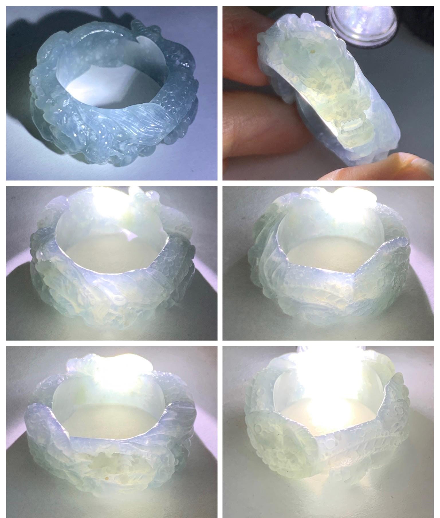 Certified Natural Grade A Guatemalan Icy Translucent Pastel Blue Jade Jadeite Carved Dragon Band Ring sz 11.5 US 12.3g 天然冰胶危蓝紫翡翠盘龙戒圈扳指 274