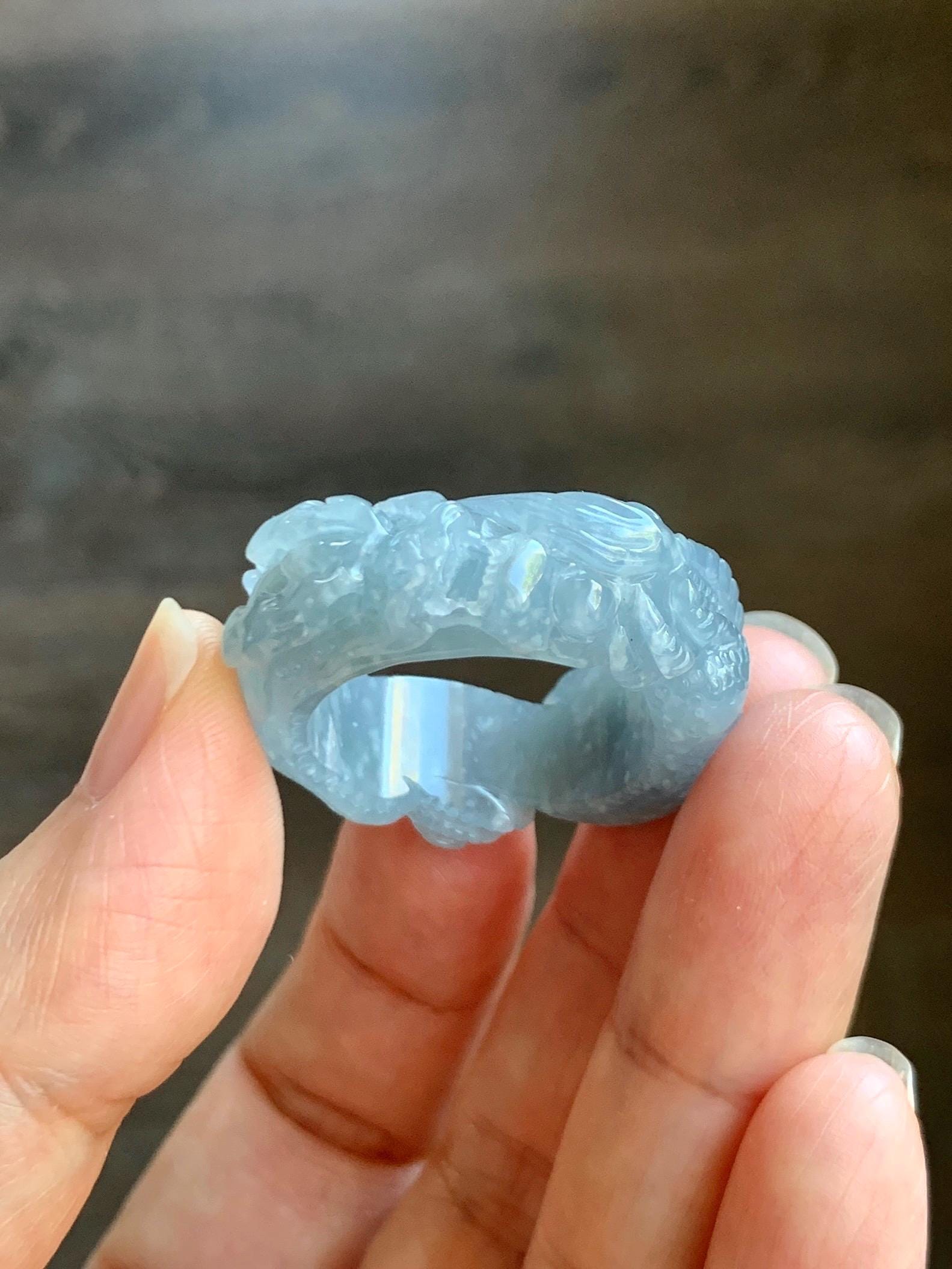 Certified Natural Grade A Guatemalan Icy Translucent Pastel Blue Jade Jadeite Carved Dragon Band Ring sz 11.5 US 12.3g 天然冰胶危蓝紫翡翠盘龙戒圈扳指 274