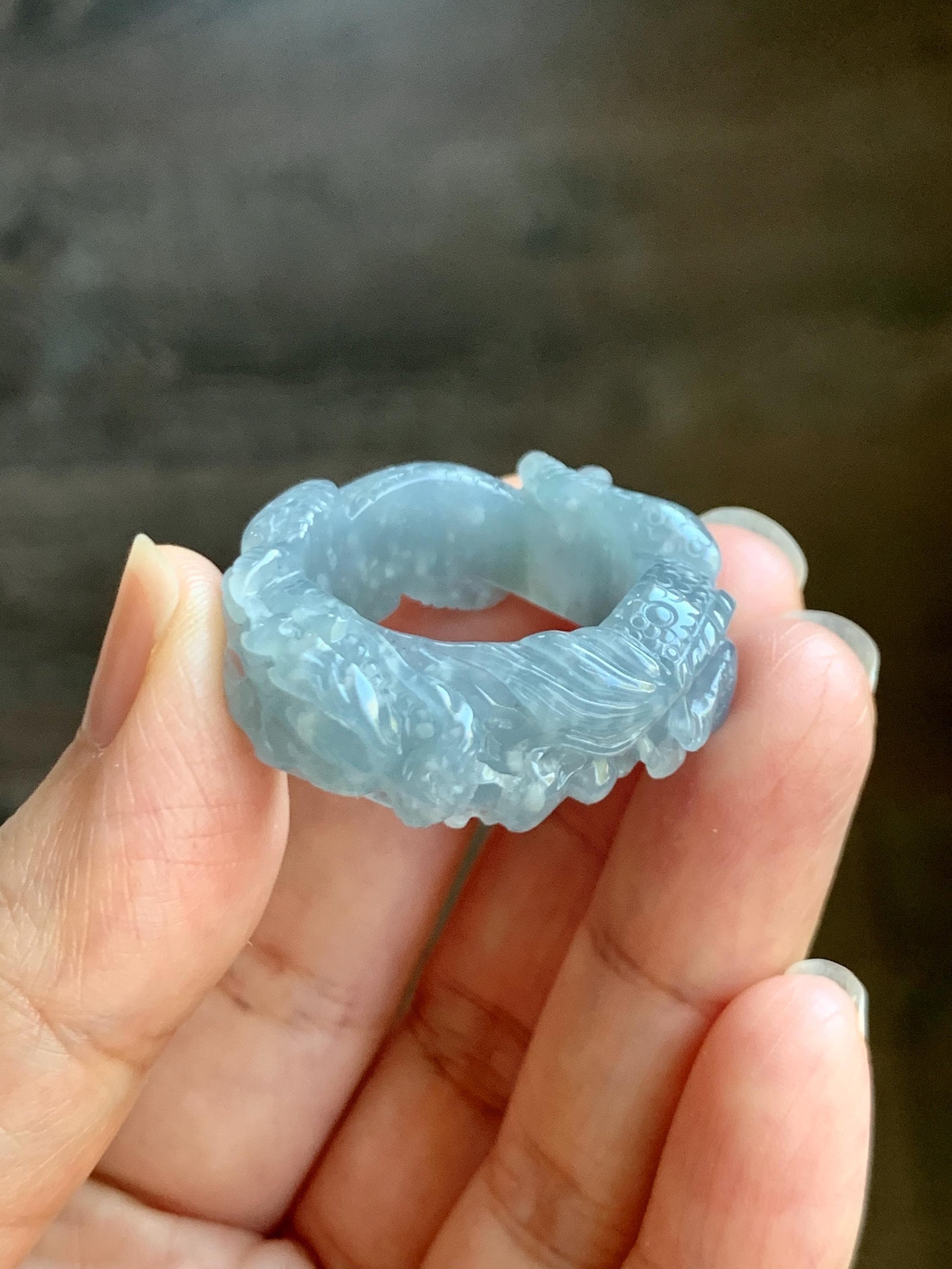 Certified Natural Grade A Guatemalan Icy Translucent Pastel Blue Jade Jadeite Carved Dragon Band Ring sz 11.5 US 12.3g 天然冰胶危蓝紫翡翠盘龙戒圈扳指 274