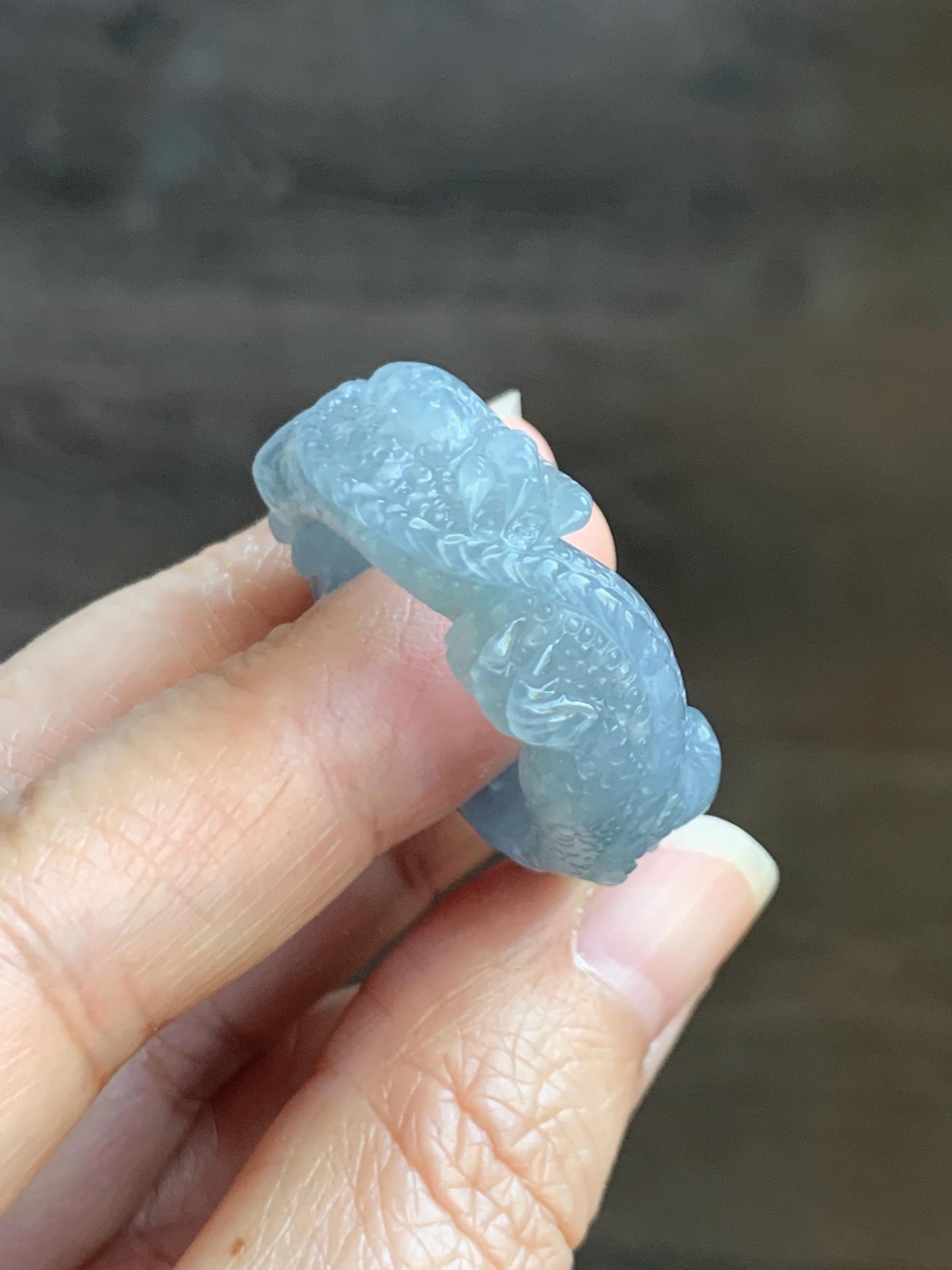Certified Natural Grade A Guatemalan Icy Translucent Pastel Blue Jade Jadeite Carved Dragon Band Ring sz 11.5 US 12.3g 天然冰胶危蓝紫翡翠盘龙戒圈扳指 274