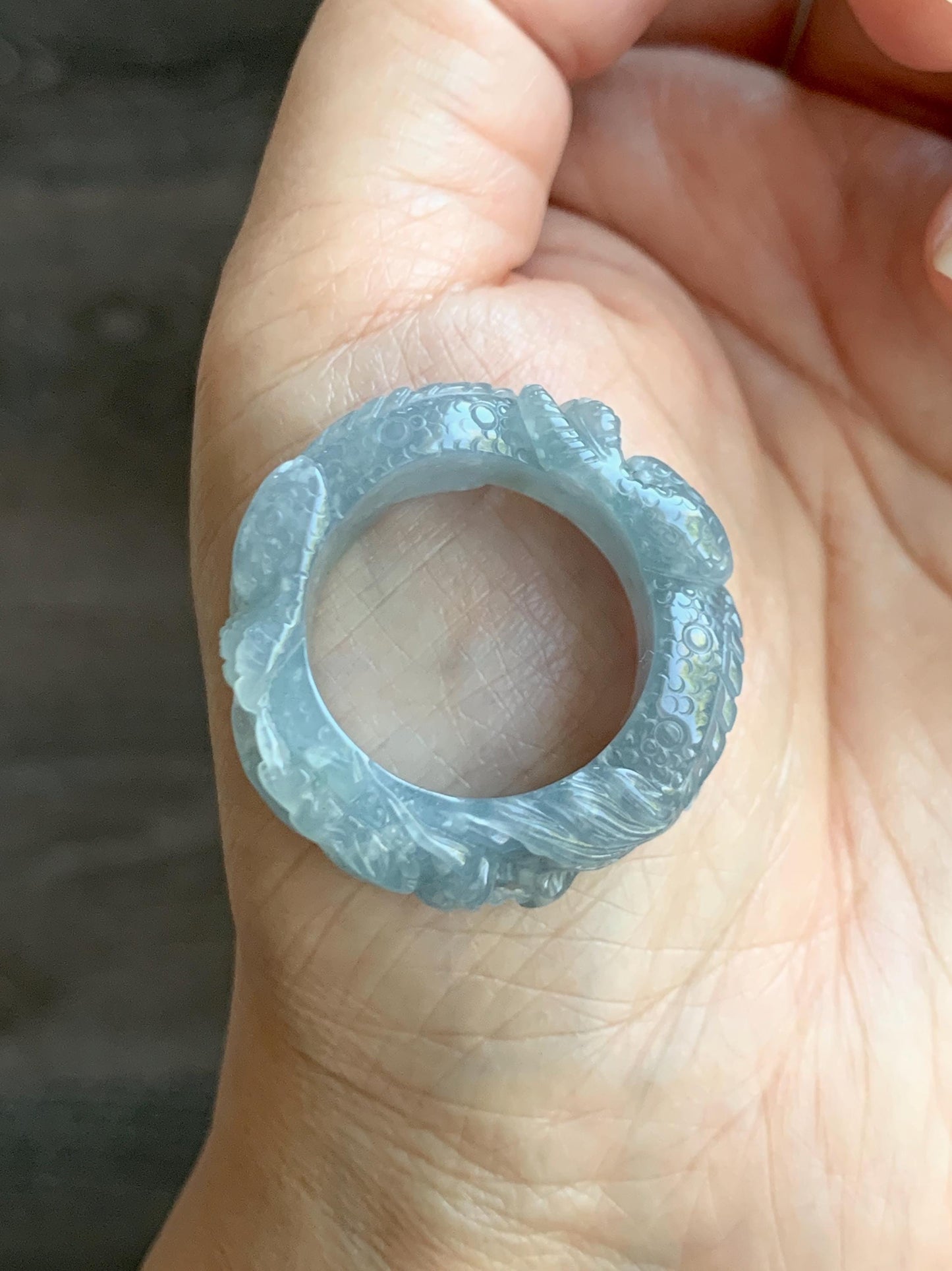 Certified Natural Grade A Guatemalan Icy Translucent Pastel Blue Jade Jadeite Carved Dragon Band Ring sz 11.5 US 12.3g 天然冰胶危蓝紫翡翠盘龙戒圈扳指 274