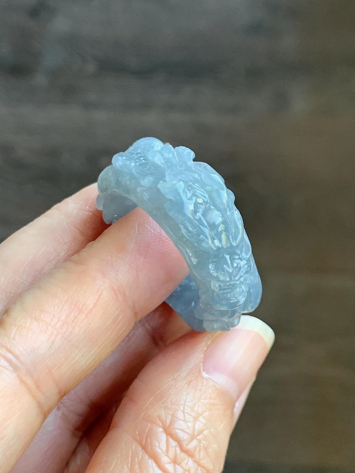 Certified Natural Grade A Guatemalan Icy Translucent Pastel Blue Jade Jadeite Carved Dragon Band Ring sz 11.5 US 12.3g 天然冰胶危蓝紫翡翠盘龙戒圈扳指 274