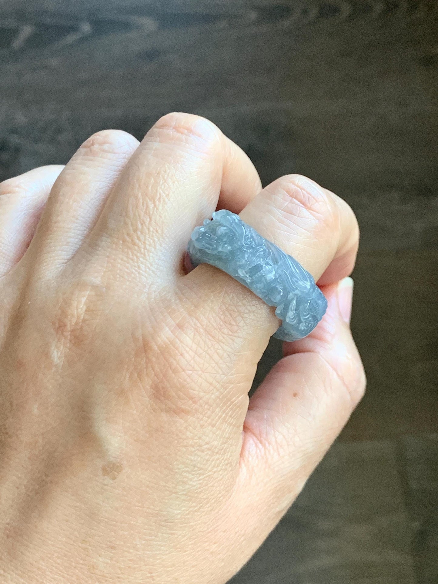 Certified Natural Grade A Guatemalan Icy Translucent Pastel Blue Jade Jadeite Carved Dragon Band Ring sz 11.5 US 12.3g 天然冰胶危蓝紫翡翠盘龙戒圈扳指 274