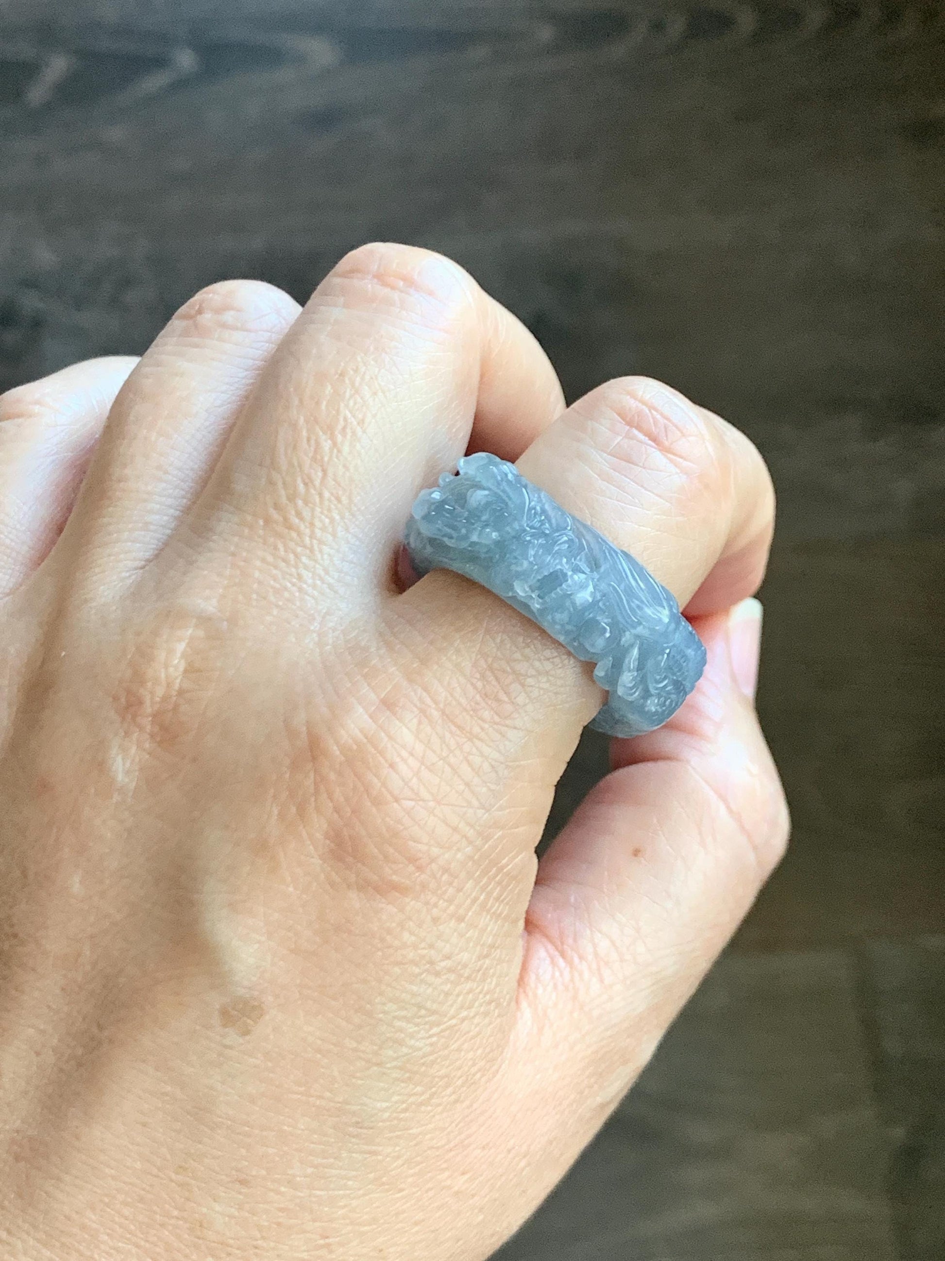 Certified Natural Grade A Guatemalan Icy Translucent Pastel Blue Jade Jadeite Carved Dragon Band Ring sz 11.5 US 12.3g 天然冰胶危蓝紫翡翠盘龙戒圈扳指 274