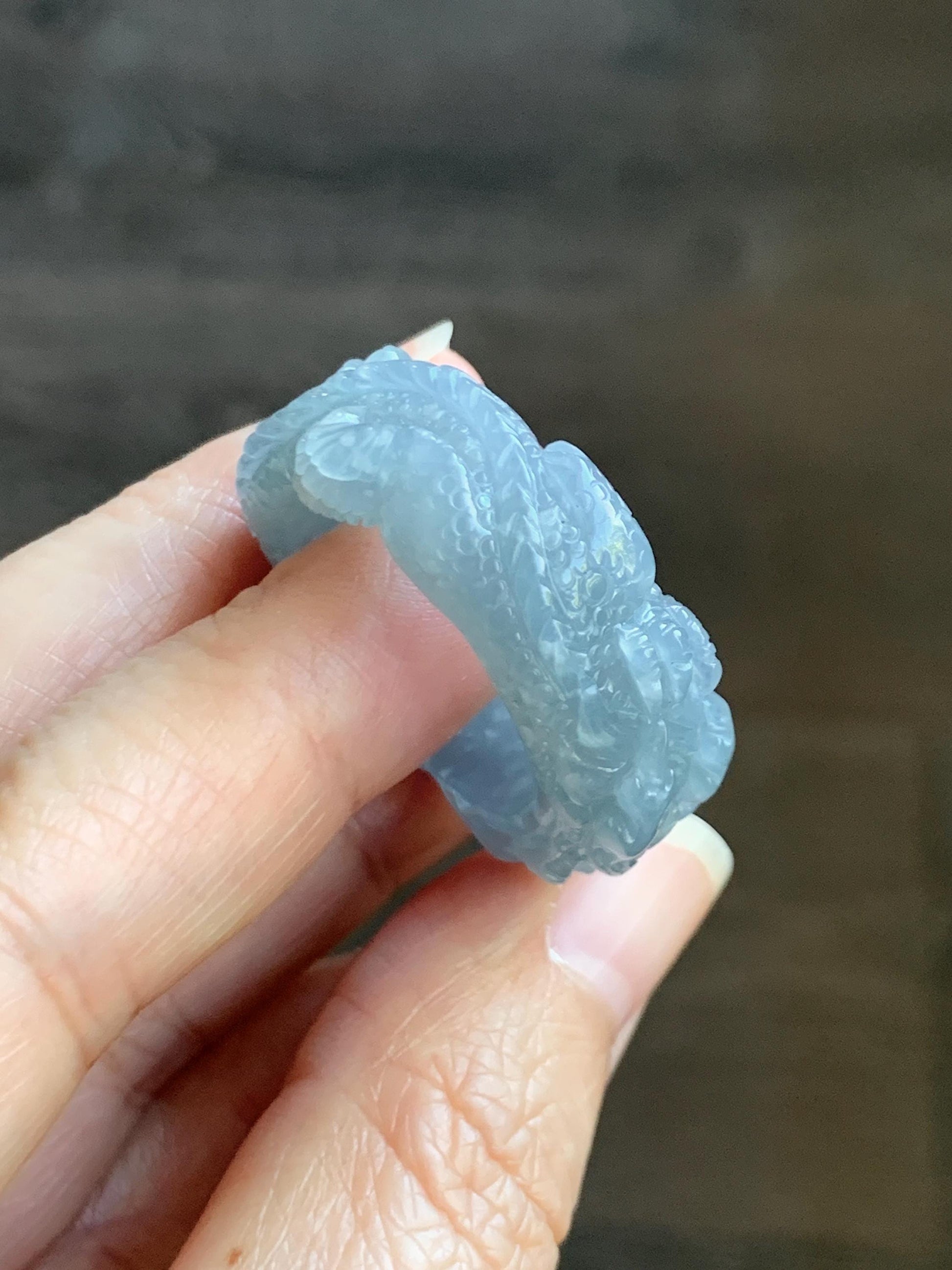 Certified Natural Grade A Guatemalan Icy Translucent Pastel Blue Jade Jadeite Carved Dragon Band Ring sz 11.5 US 12.3g 天然冰胶危蓝紫翡翠盘龙戒圈扳指 274
