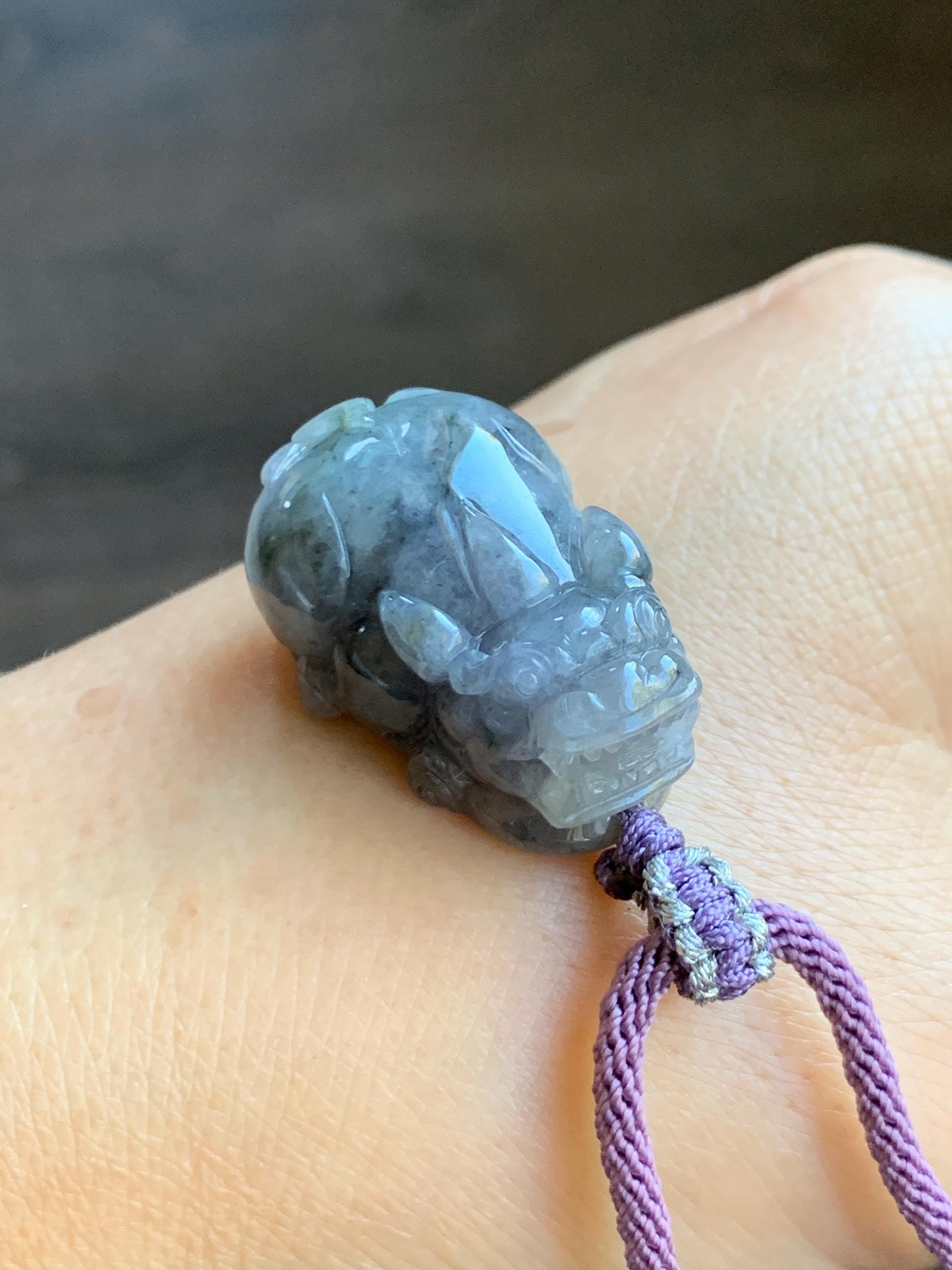 Natural Grade A Icy Translucent Wuji Jadeite w/ Light Purple Undertone Carved Large Pixiu Pendant Rope Necklace 19g 天然厚装冰紫乌鸡翡翠貔貅吊坠 FLP150