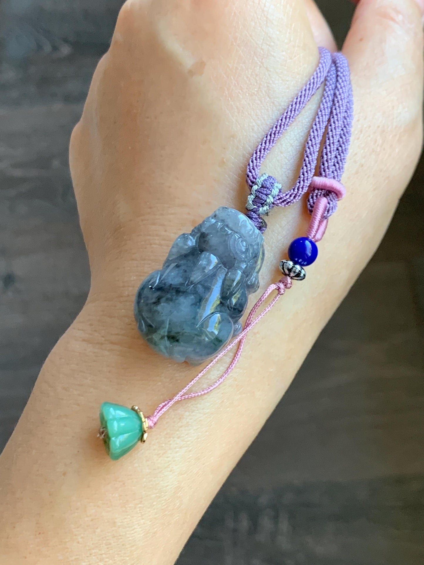 Natural Grade A Icy Translucent Wuji Jadeite w/ Light Purple Undertone Carved Large Pixiu Pendant Rope Necklace 19g 天然厚装冰紫乌鸡翡翠貔貅吊坠 FLP150