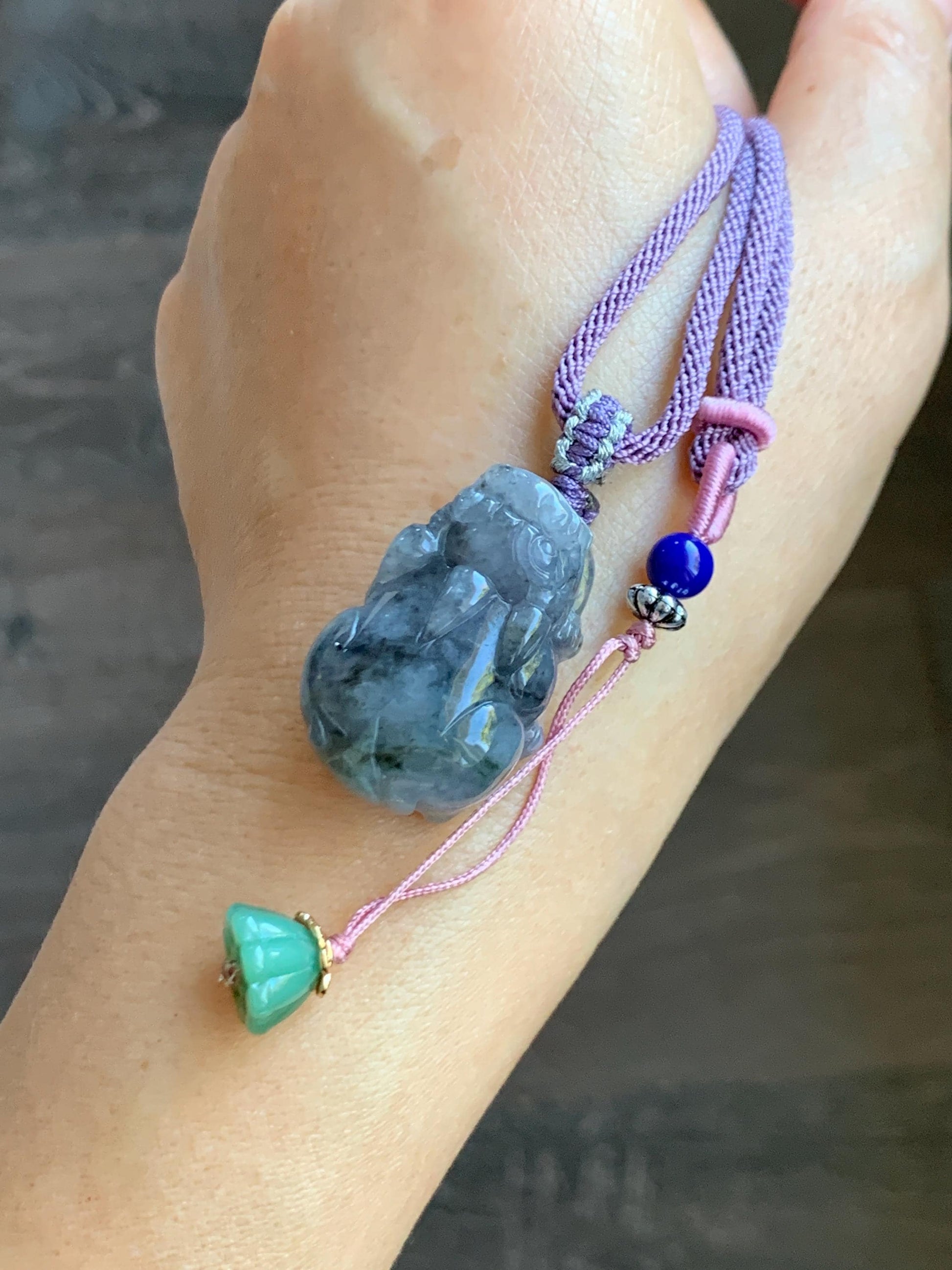Natural Grade A Icy Translucent Wuji Jadeite w/ Light Purple Undertone Carved Large Pixiu Pendant Rope Necklace 19g 天然厚装冰紫乌鸡翡翠貔貅吊坠 FLP150