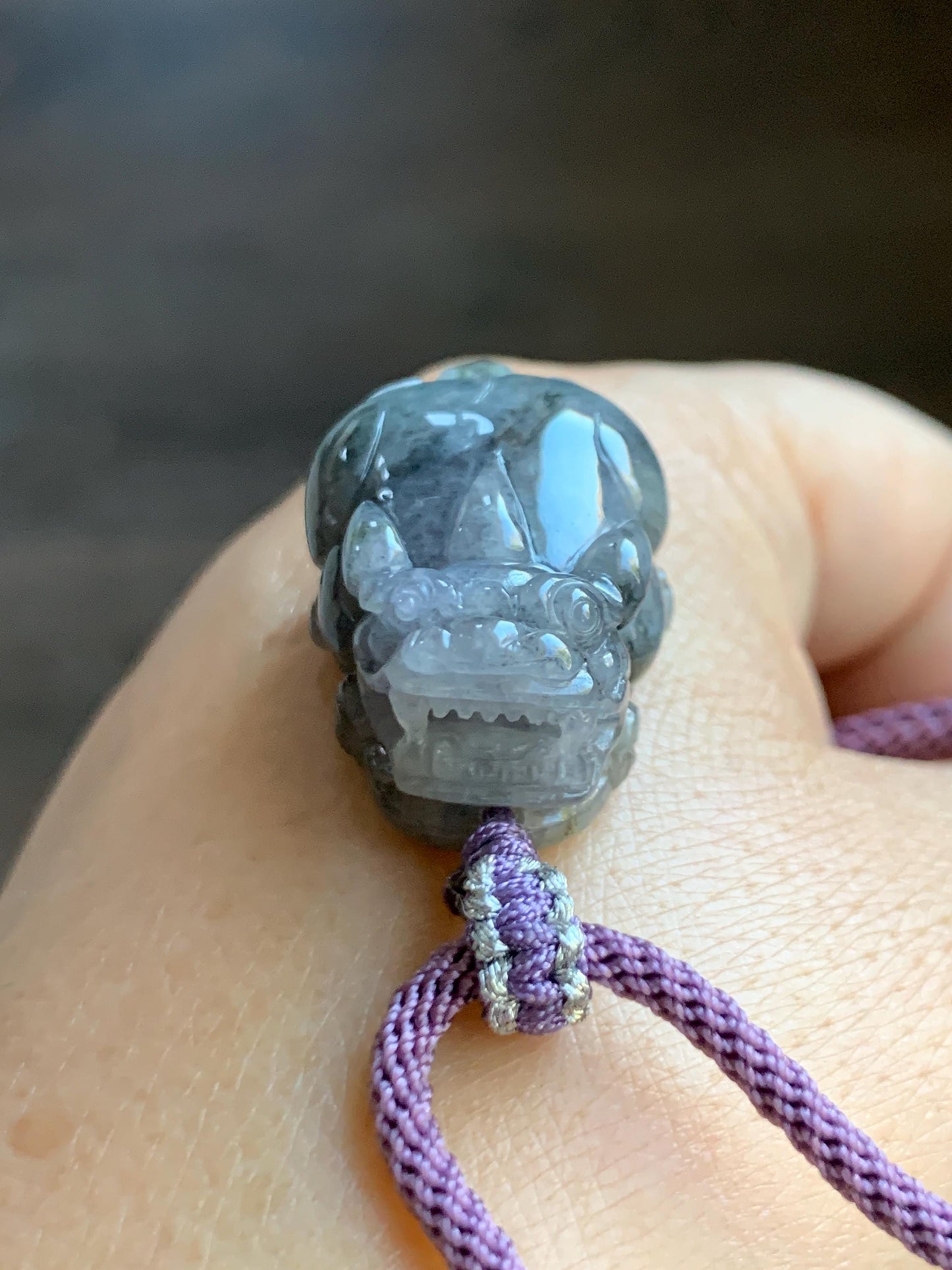 Natural Grade A Icy Translucent Wuji Jadeite w/ Light Purple Undertone Carved Large Pixiu Pendant Rope Necklace 19g 天然厚装冰紫乌鸡翡翠貔貅吊坠 FLP150