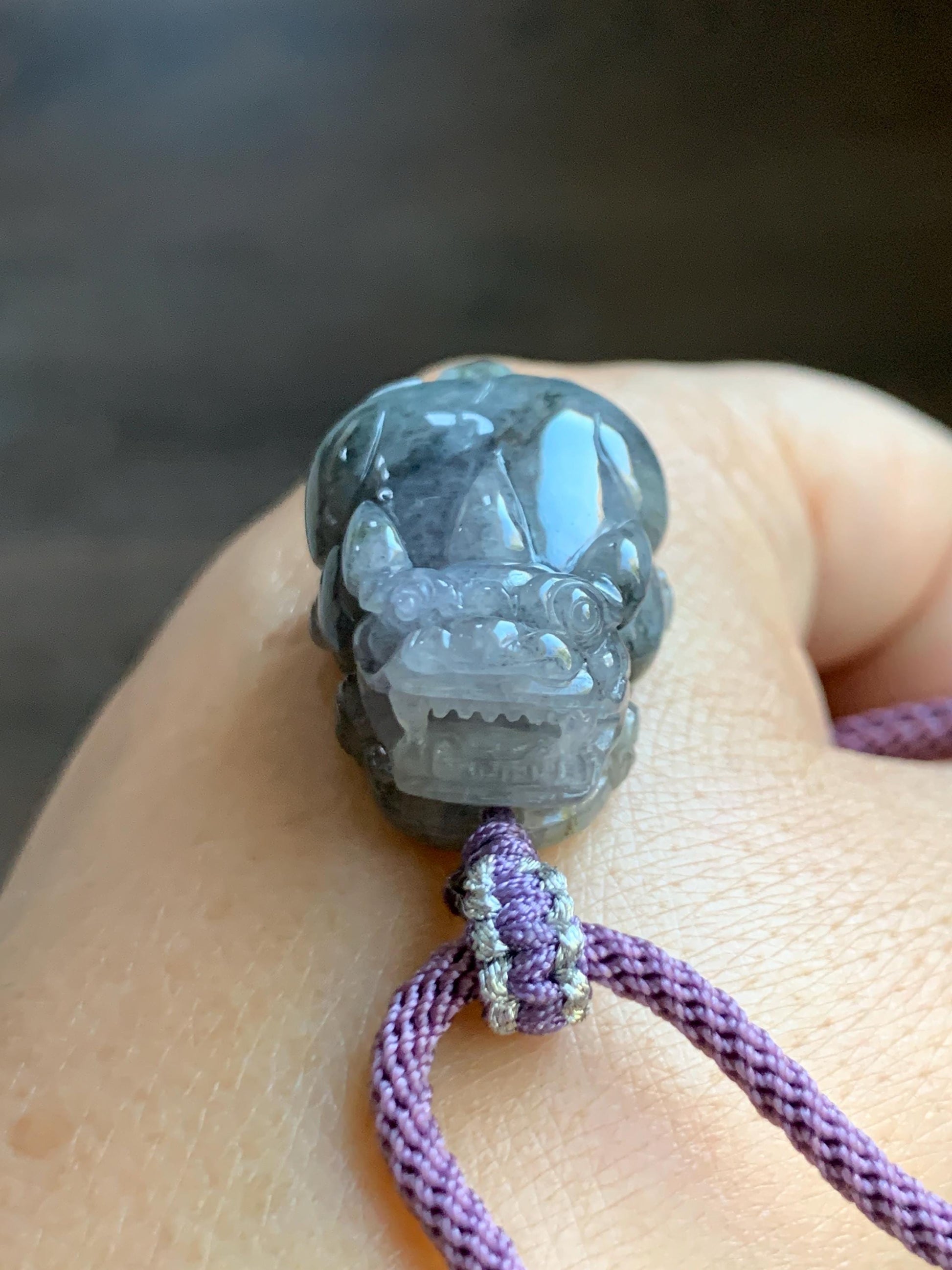 Natural Grade A Icy Translucent Wuji Jadeite w/ Light Purple Undertone Carved Large Pixiu Pendant Rope Necklace 19g 天然厚装冰紫乌鸡翡翠貔貅吊坠 FLP150