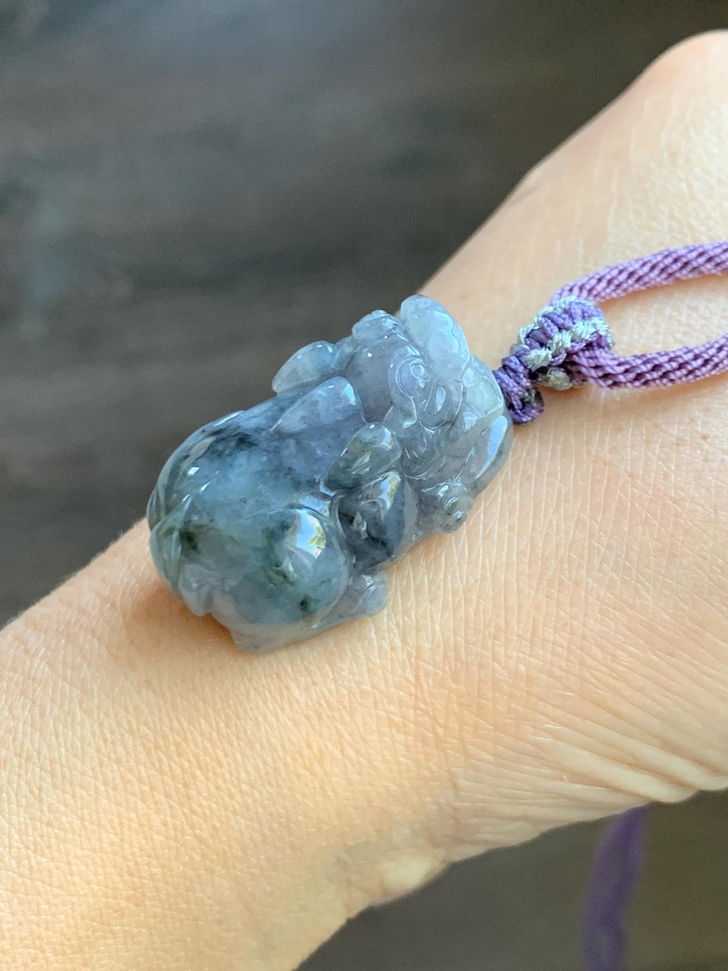 Natural Grade A Icy Translucent Wuji Jadeite w/ Light Purple Undertone Carved Large Pixiu Pendant Rope Necklace 19g 天然厚装冰紫乌鸡翡翠貔貅吊坠 FLP150