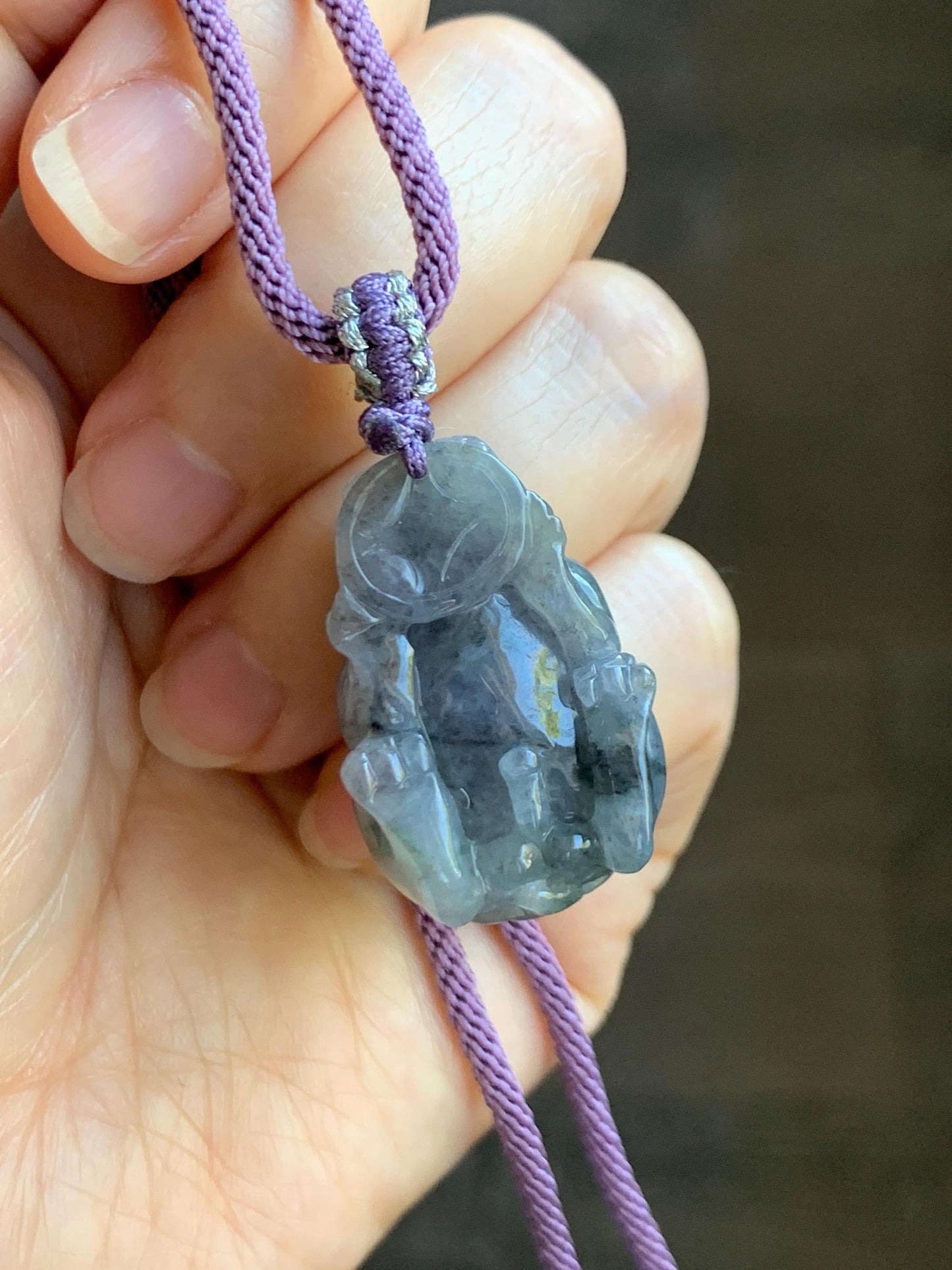 Natural Grade A Icy Translucent Wuji Jadeite w/ Light Purple Undertone Carved Large Pixiu Pendant Rope Necklace 19g 天然厚装冰紫乌鸡翡翠貔貅吊坠 FLP150
