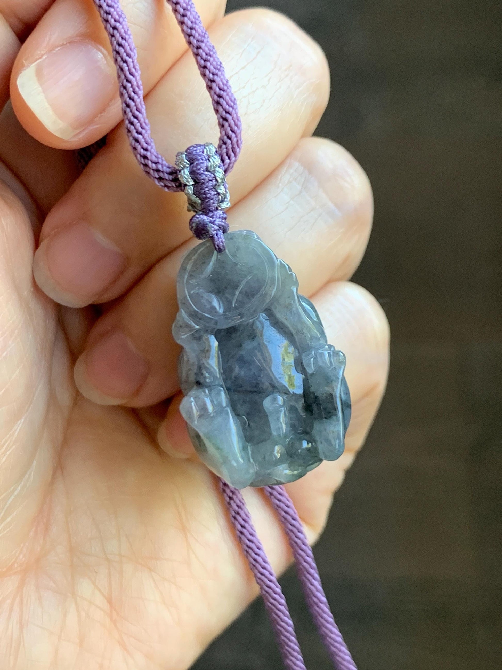 Natural Grade A Icy Translucent Wuji Jadeite w/ Light Purple Undertone Carved Large Pixiu Pendant Rope Necklace 19g 天然厚装冰紫乌鸡翡翠貔貅吊坠 FLP150