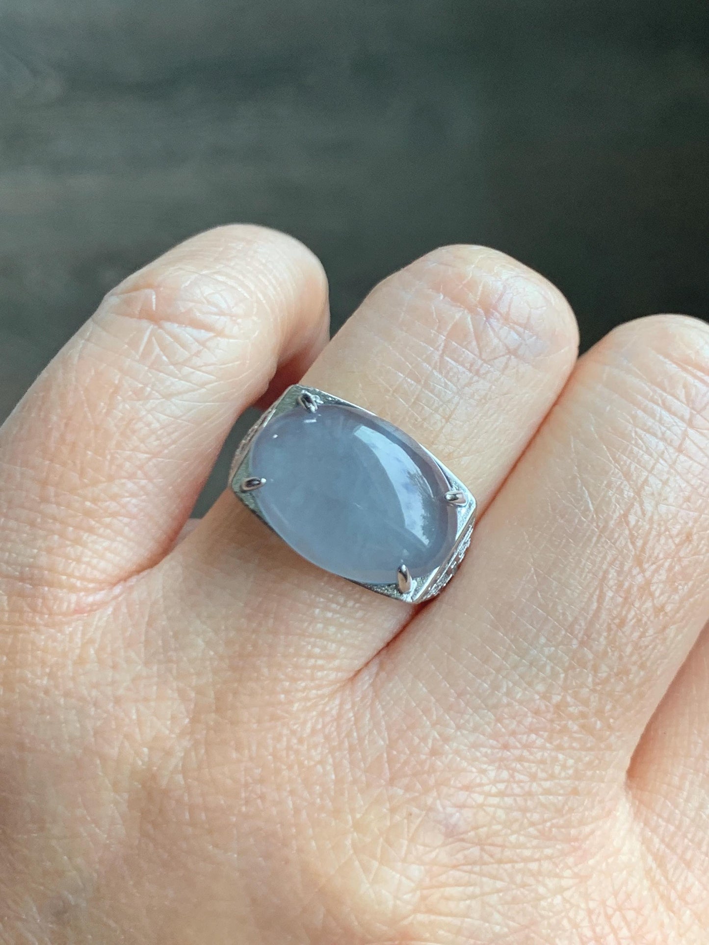 Natural Grade A Guatemalan Icy Highly Translucent Pastel Blue Jade Jadeite Oval Ring Sterling Silver Size Adjustable 天然冰胶危浅蓝翡翠镶嵌戒指 QLW168