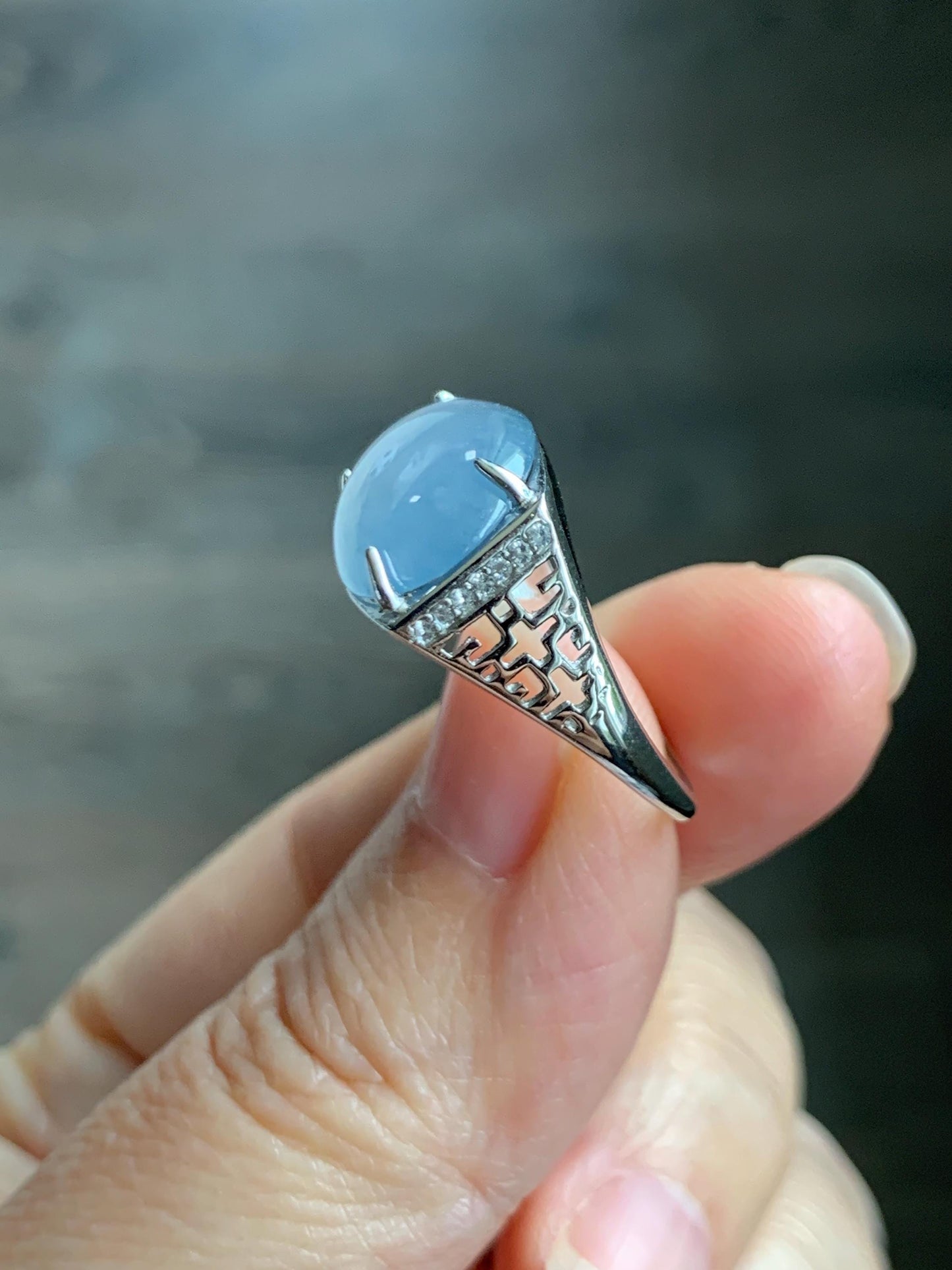 Natural Grade A Guatemalan Icy Highly Translucent Pastel Blue Jade Jadeite Oval Ring Sterling Silver Size Adjustable 天然冰胶危浅蓝翡翠镶嵌戒指 QLW168