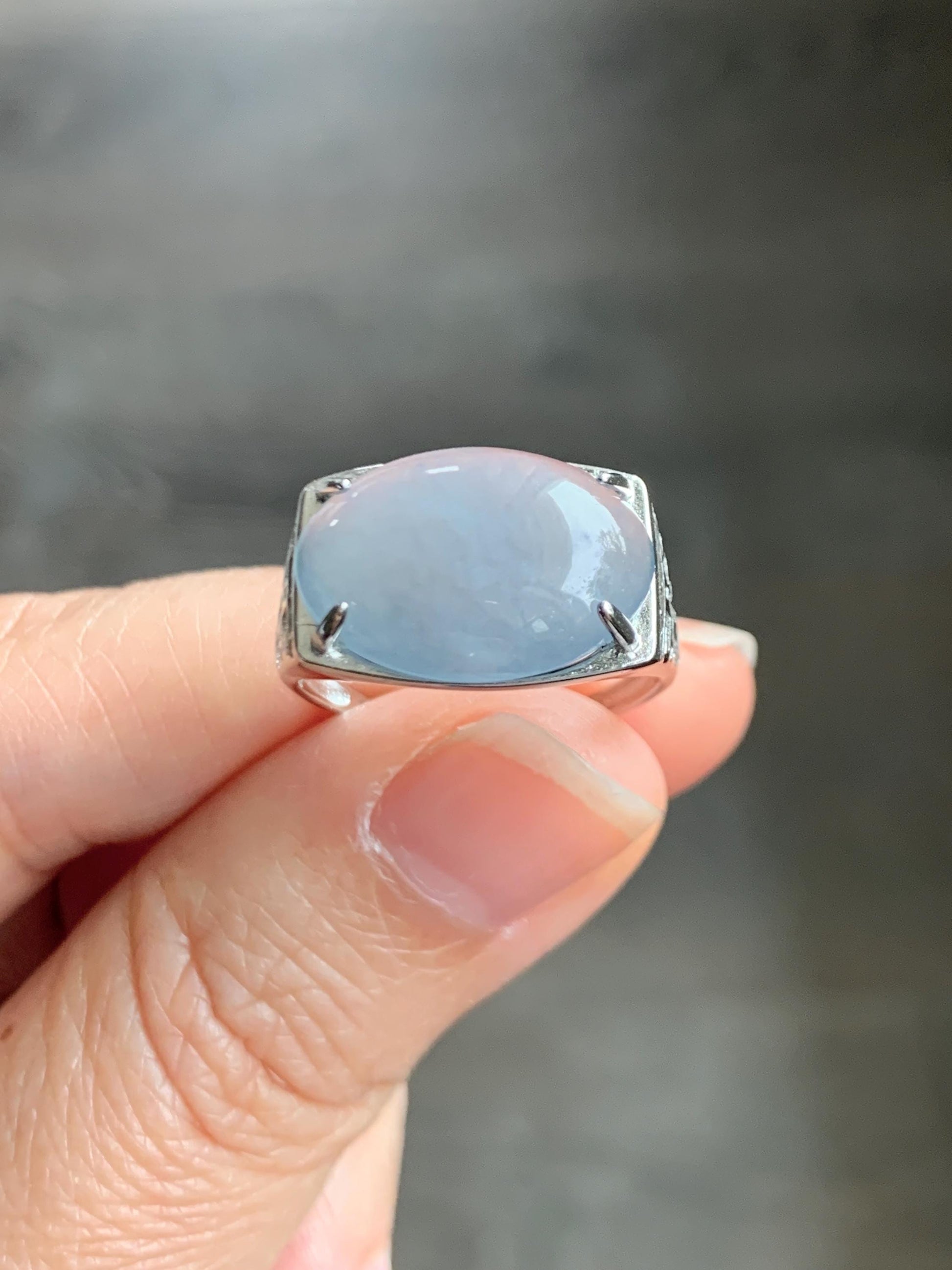 Natural Grade A Guatemalan Icy Highly Translucent Pastel Blue Jade Jadeite Oval Ring Sterling Silver Size Adjustable 天然冰胶危浅蓝翡翠镶嵌戒指 QLW168