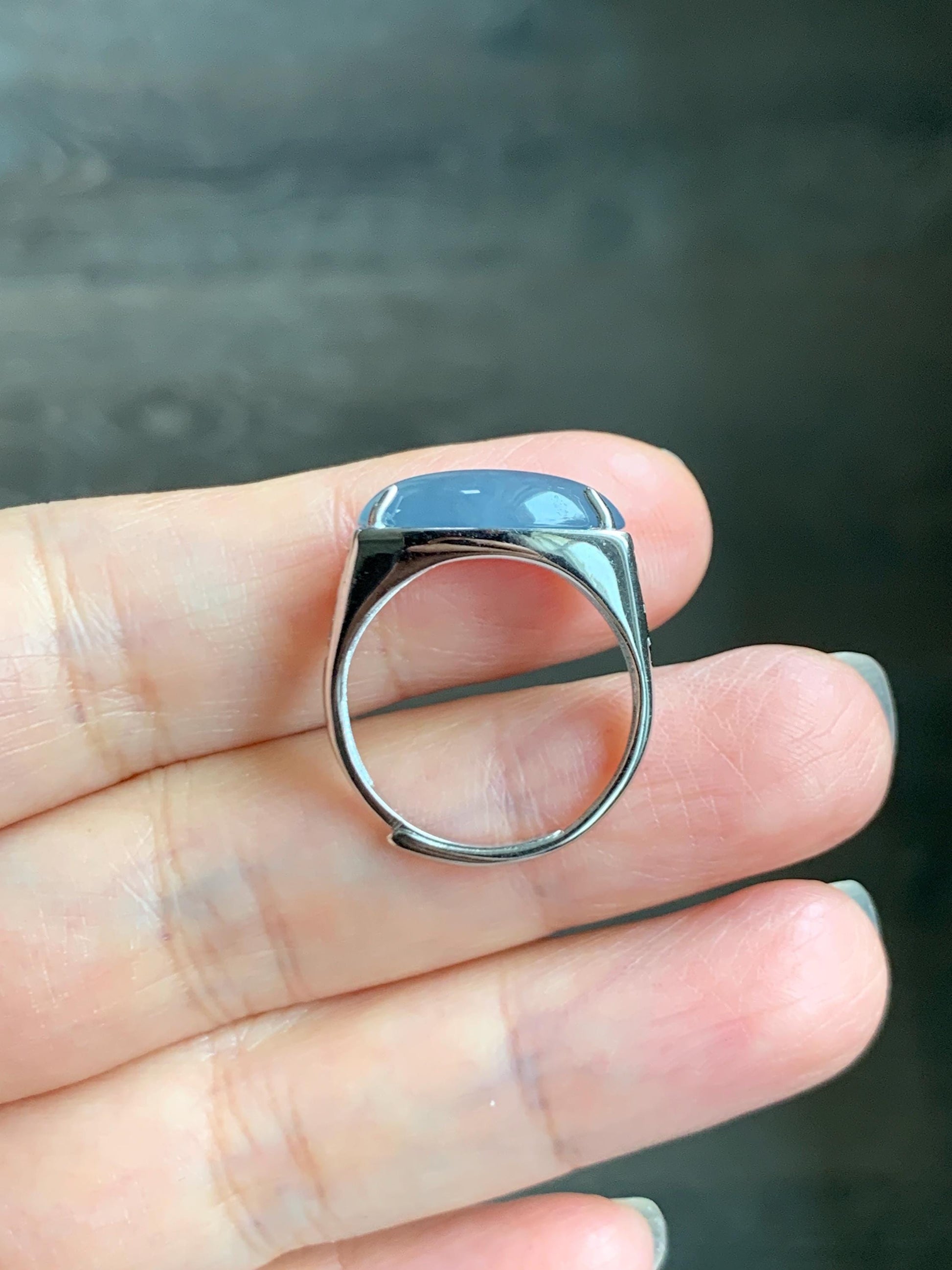 Natural Grade A Guatemalan Icy Highly Translucent Pastel Blue Jade Jadeite Oval Ring Sterling Silver Size Adjustable 天然冰胶危浅蓝翡翠镶嵌戒指 QLW168