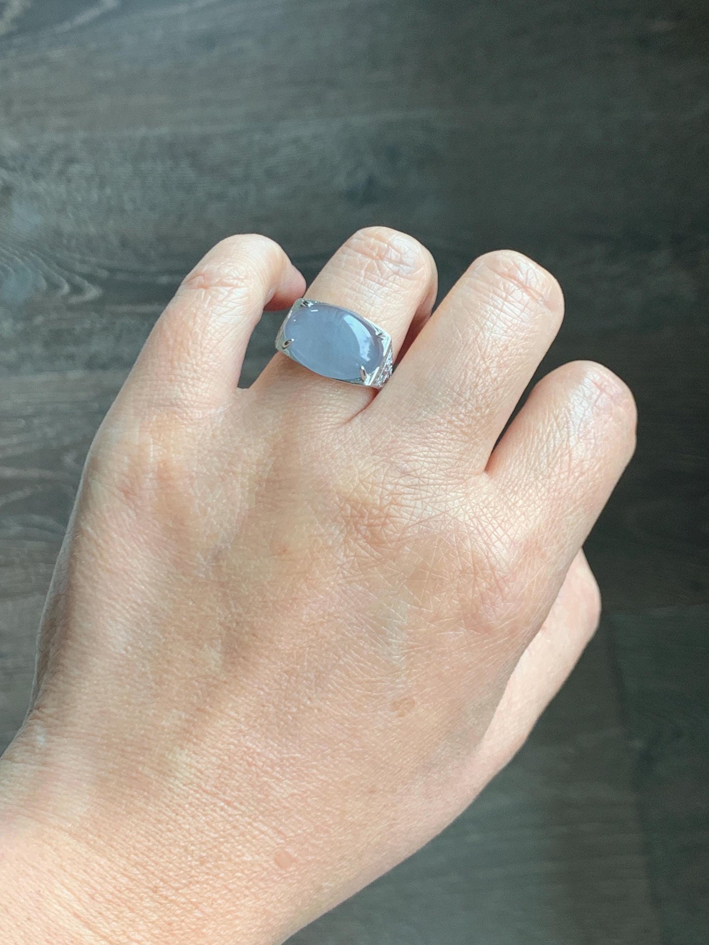 Natural Grade A Guatemalan Icy Highly Translucent Pastel Blue Jade Jadeite Oval Ring Sterling Silver Size Adjustable 天然冰胶危浅蓝翡翠镶嵌戒指 QLW168