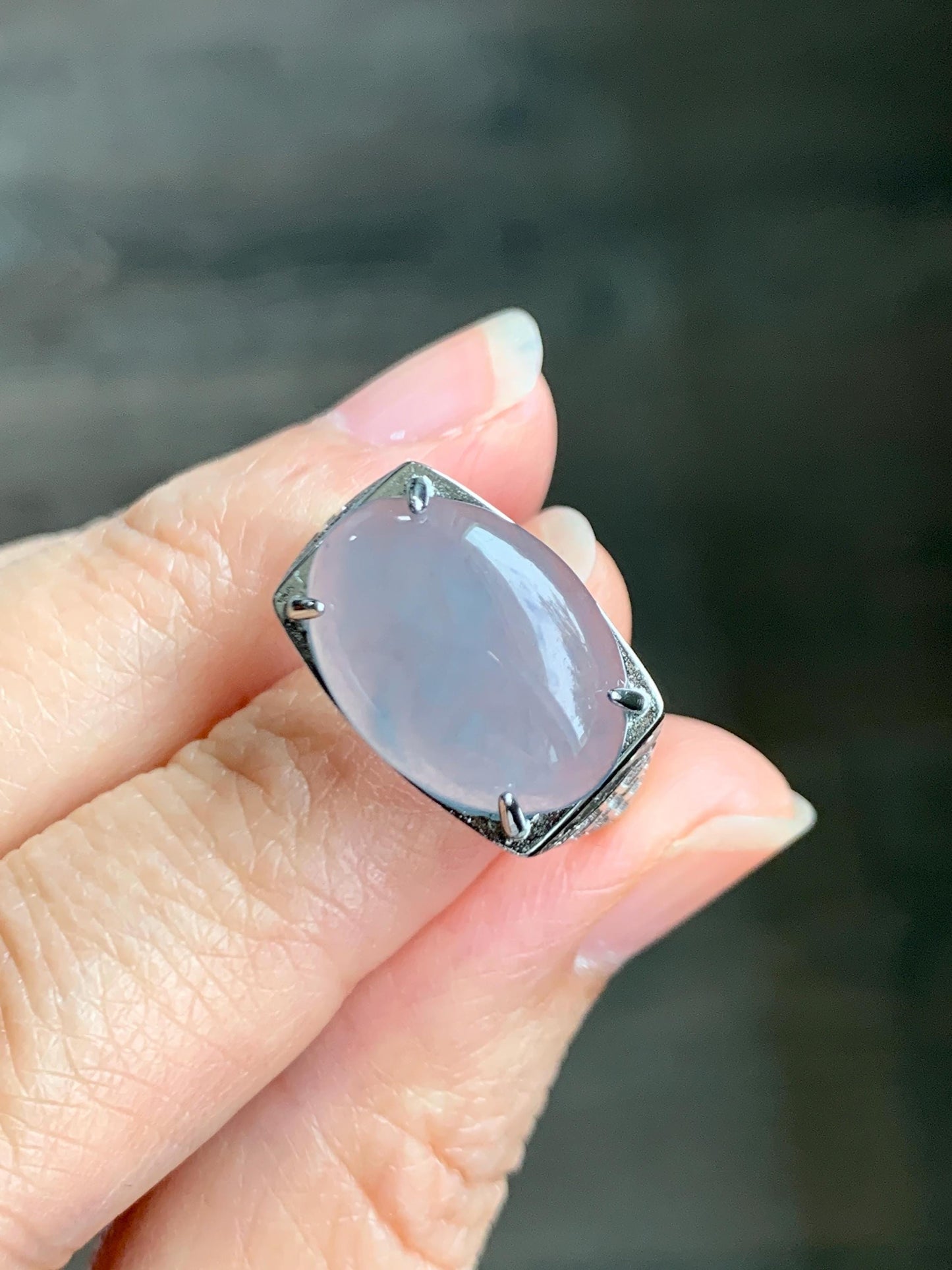 Natural Grade A Guatemalan Icy Highly Translucent Pastel Blue Jade Jadeite Oval Ring Sterling Silver Size Adjustable 天然冰胶危浅蓝翡翠镶嵌戒指 QLW168