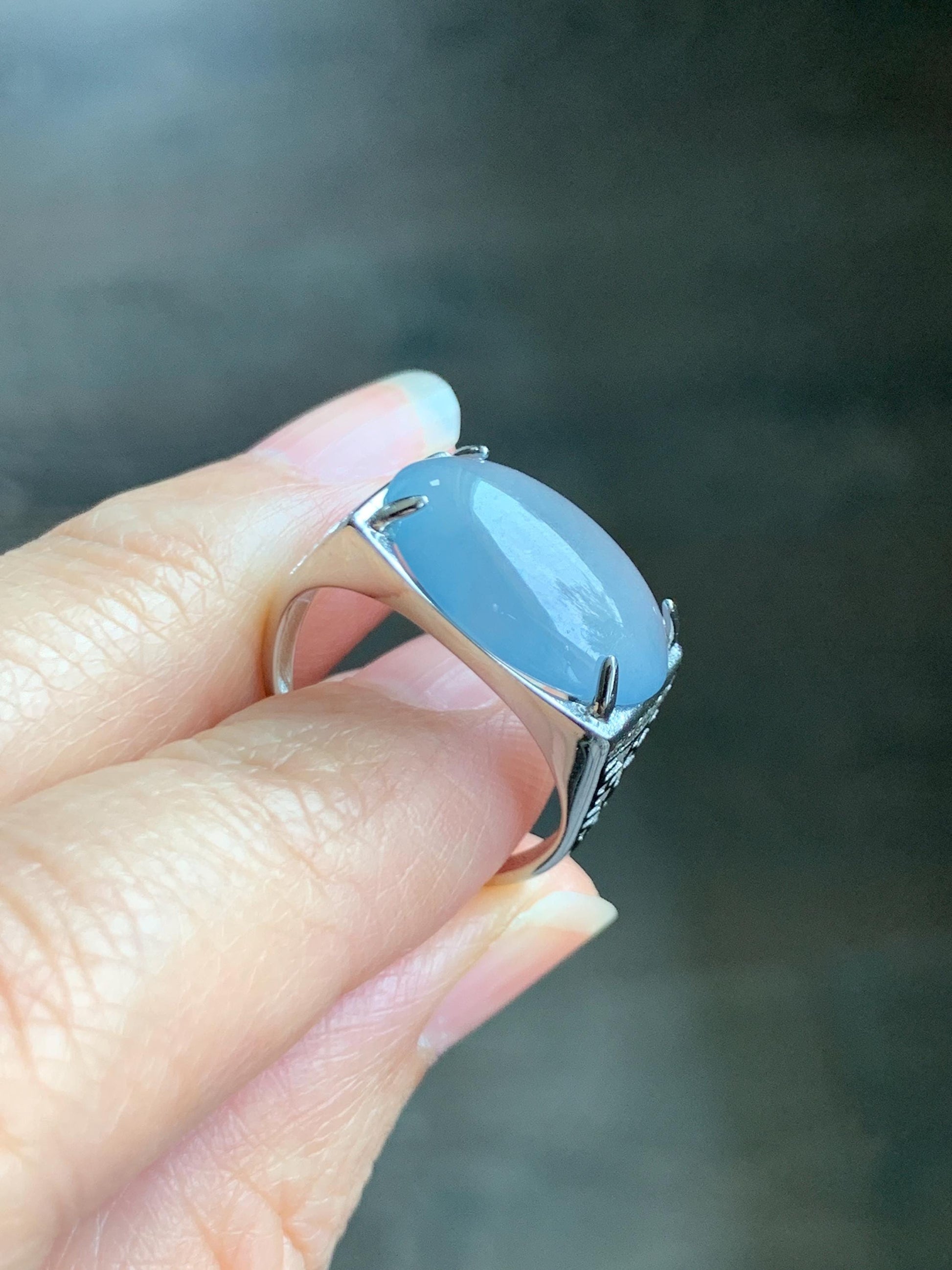 Natural Grade A Guatemalan Icy Highly Translucent Pastel Blue Jade Jadeite Oval Ring Sterling Silver Size Adjustable 天然冰胶危浅蓝翡翠镶嵌戒指 QLW168