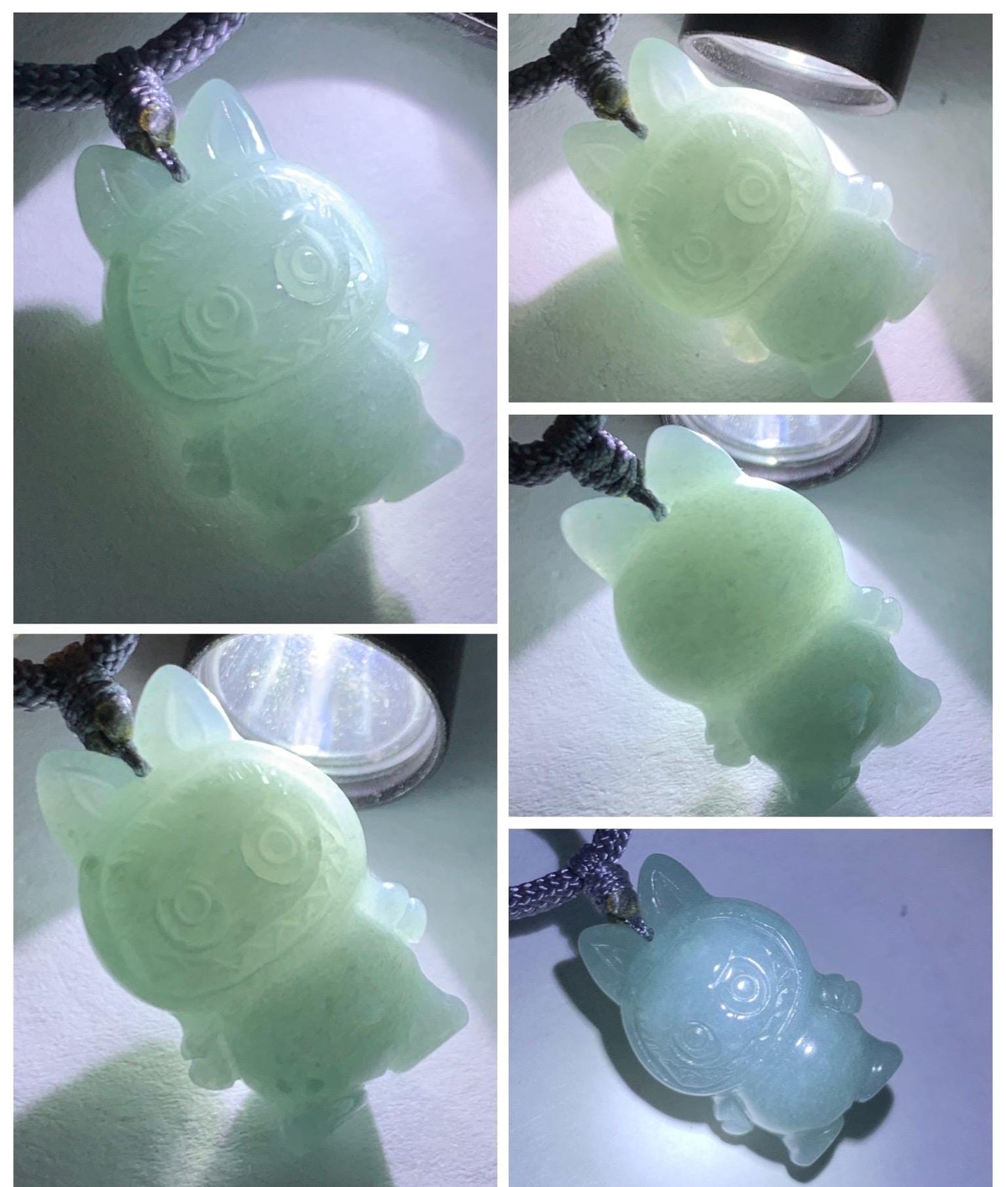 Natural Grade A Icy Translucent Dusty Blue Jade Jadeite Carved Monster Plush Pendant Rope Necklace 26” 9g 天然冰胶灰蓝底翡翠吊坠 DLBB88