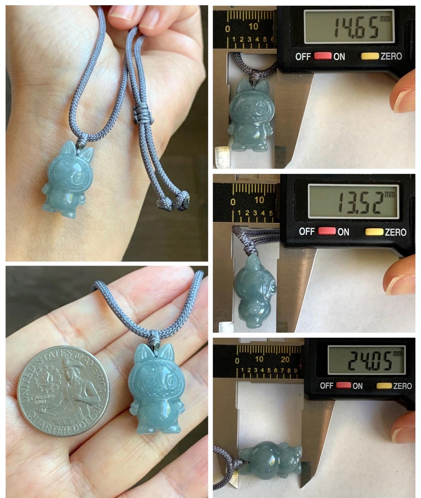 Natural Grade A Icy Translucent Dusty Blue Jade Jadeite Carved Monster Plush Pendant Rope Necklace 26” 9g 天然冰胶灰蓝底翡翠吊坠 DLBB88