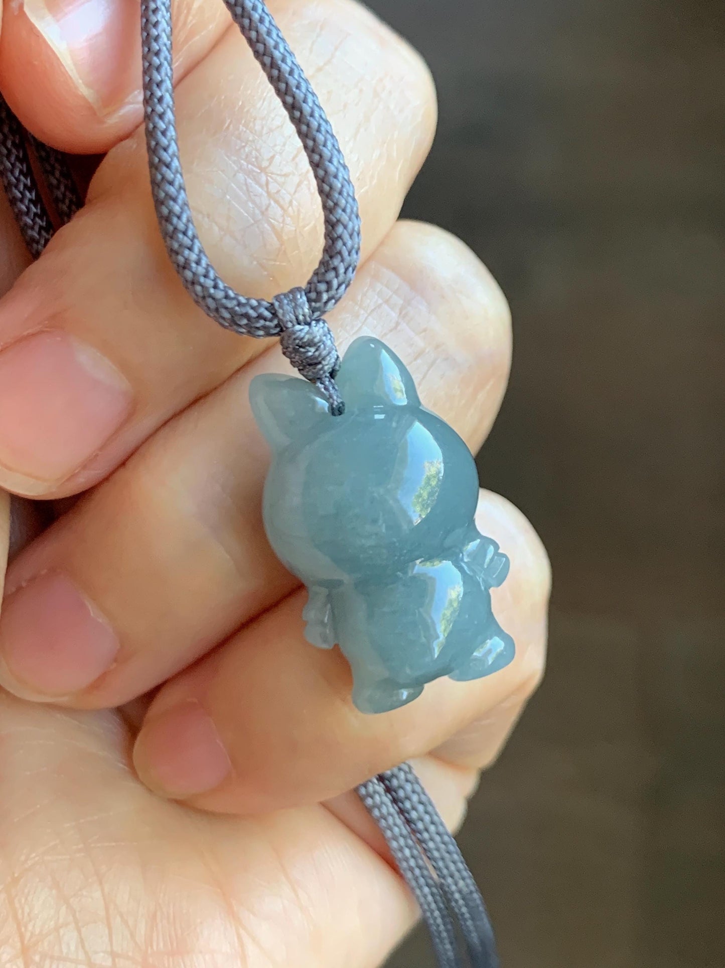 Natural Grade A Icy Translucent Dusty Blue Jade Jadeite Carved Monster Plush Pendant Rope Necklace 26” 9g 天然冰胶灰蓝底翡翠吊坠 DLBB88