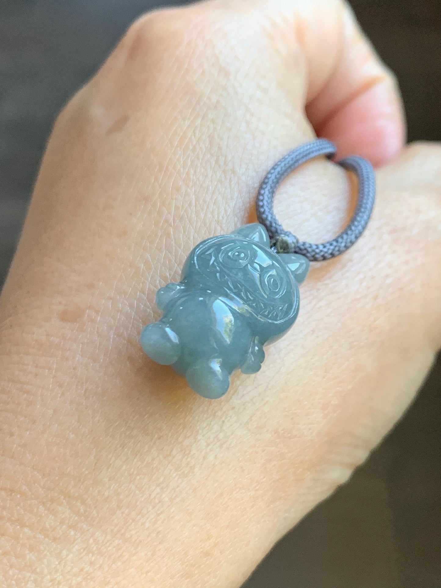 Natural Grade A Icy Translucent Dusty Blue Jade Jadeite Carved Monster Plush Pendant Rope Necklace 26” 9g 天然冰胶灰蓝底翡翠吊坠 DLBB88