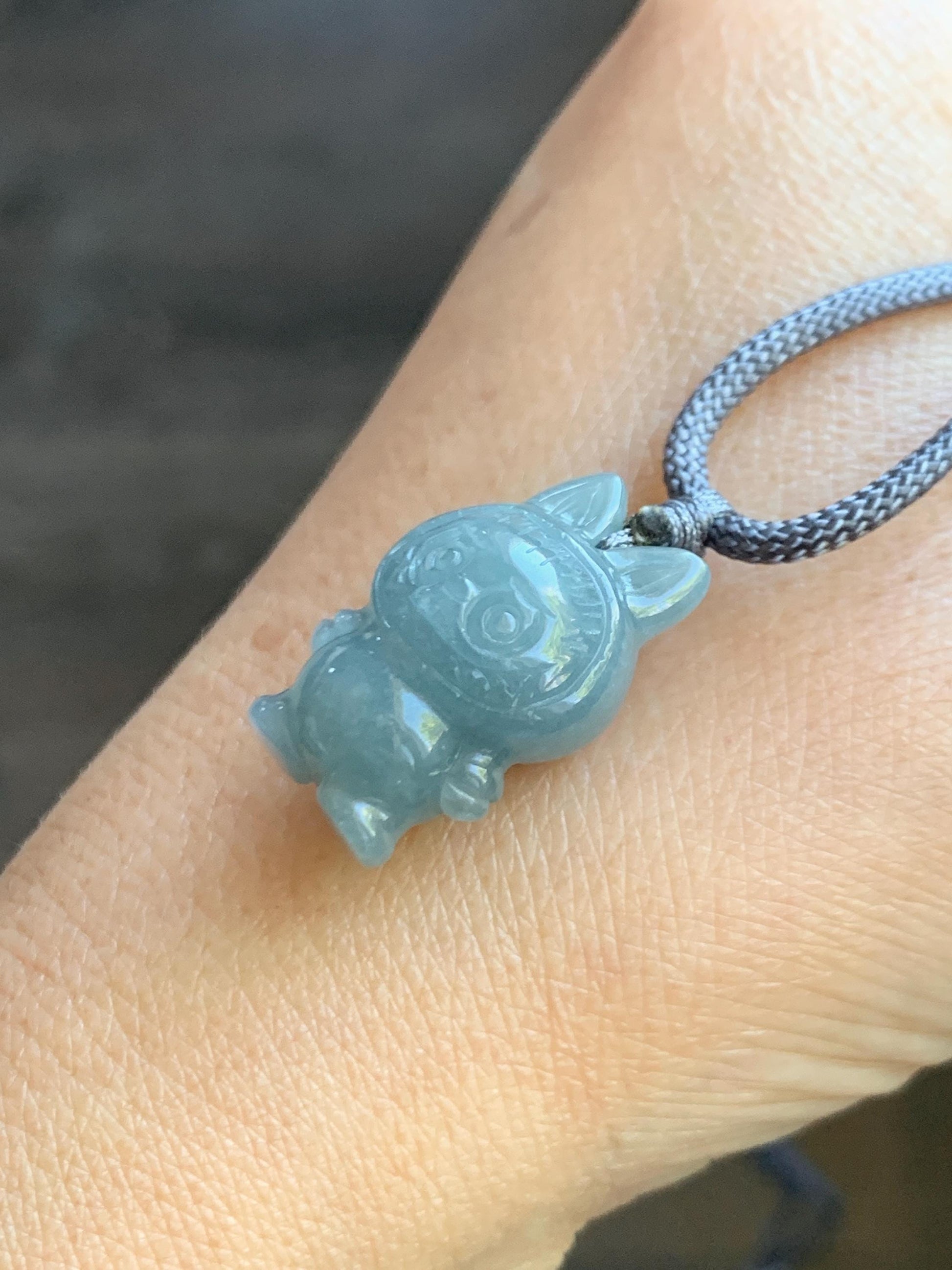 Natural Grade A Icy Translucent Dusty Blue Jade Jadeite Carved Monster Plush Pendant Rope Necklace 26” 9g 天然冰胶灰蓝底翡翠吊坠 DLBB88